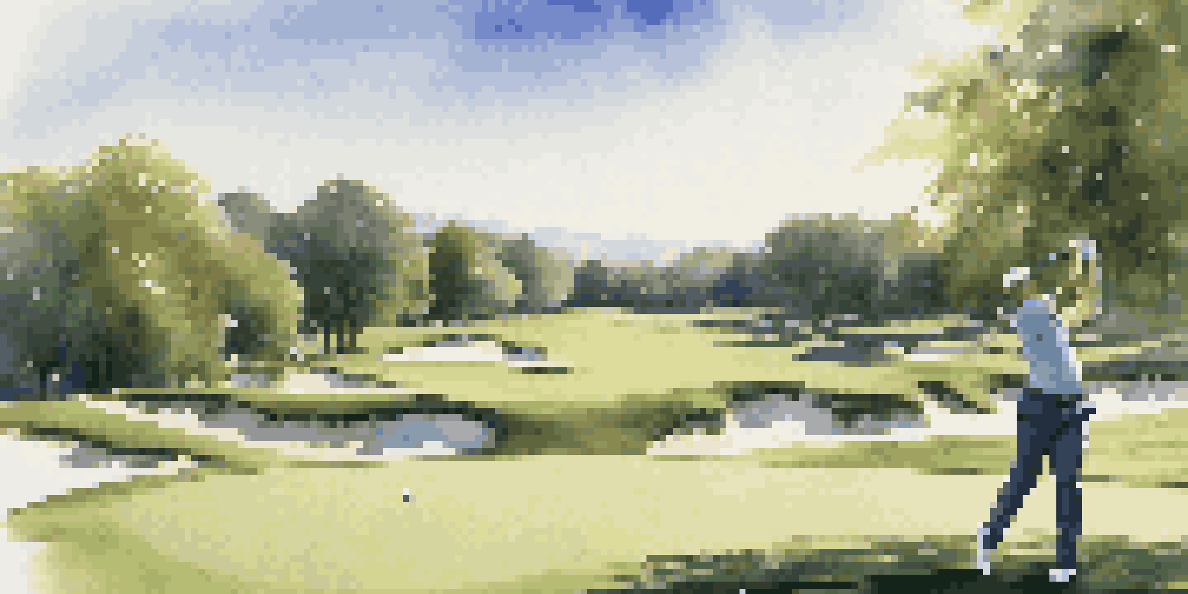 A golfer in a polo shirt and shorts, swinging on a green golf course with fans in the background and a clear blue sky.
