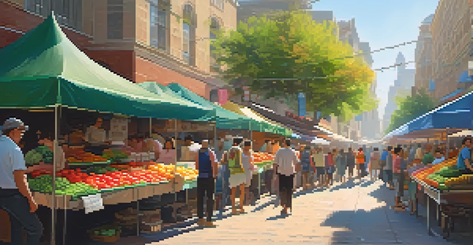 A lively street market featuring colorful stalls with fresh produce and street food, filled with people enjoying the atmosphere under sunny skies.
