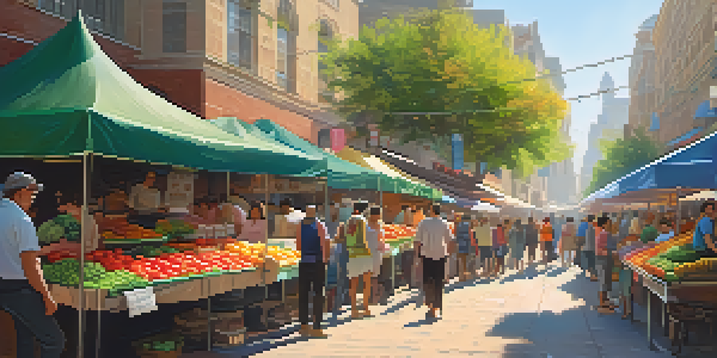 A lively street market featuring colorful stalls with fresh produce and street food, filled with people enjoying the atmosphere under sunny skies.