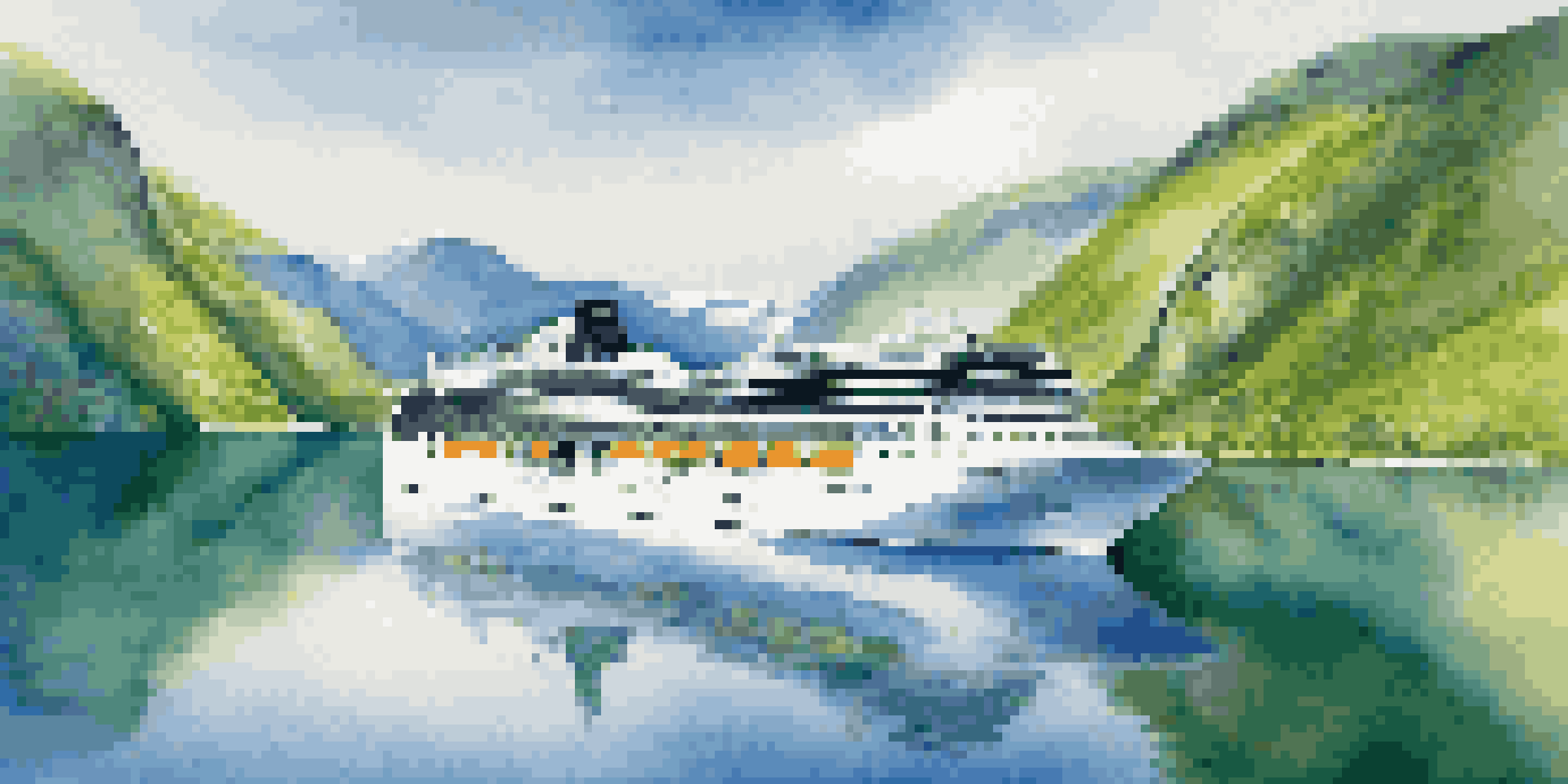 A sustainable cruise ship navigating through the fjords of Norway, surrounded by greenery and cliffs under a blue sky.