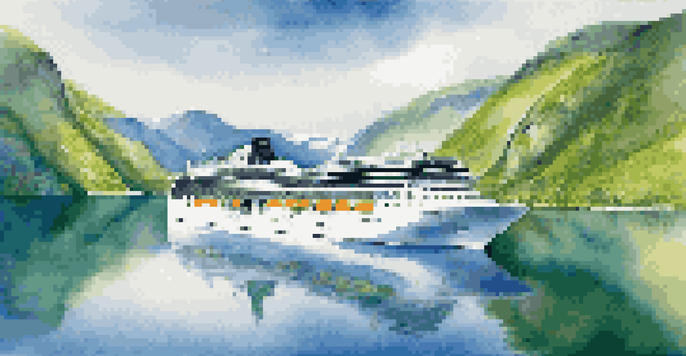 A sustainable cruise ship navigating through the fjords of Norway, surrounded by greenery and cliffs under a blue sky.