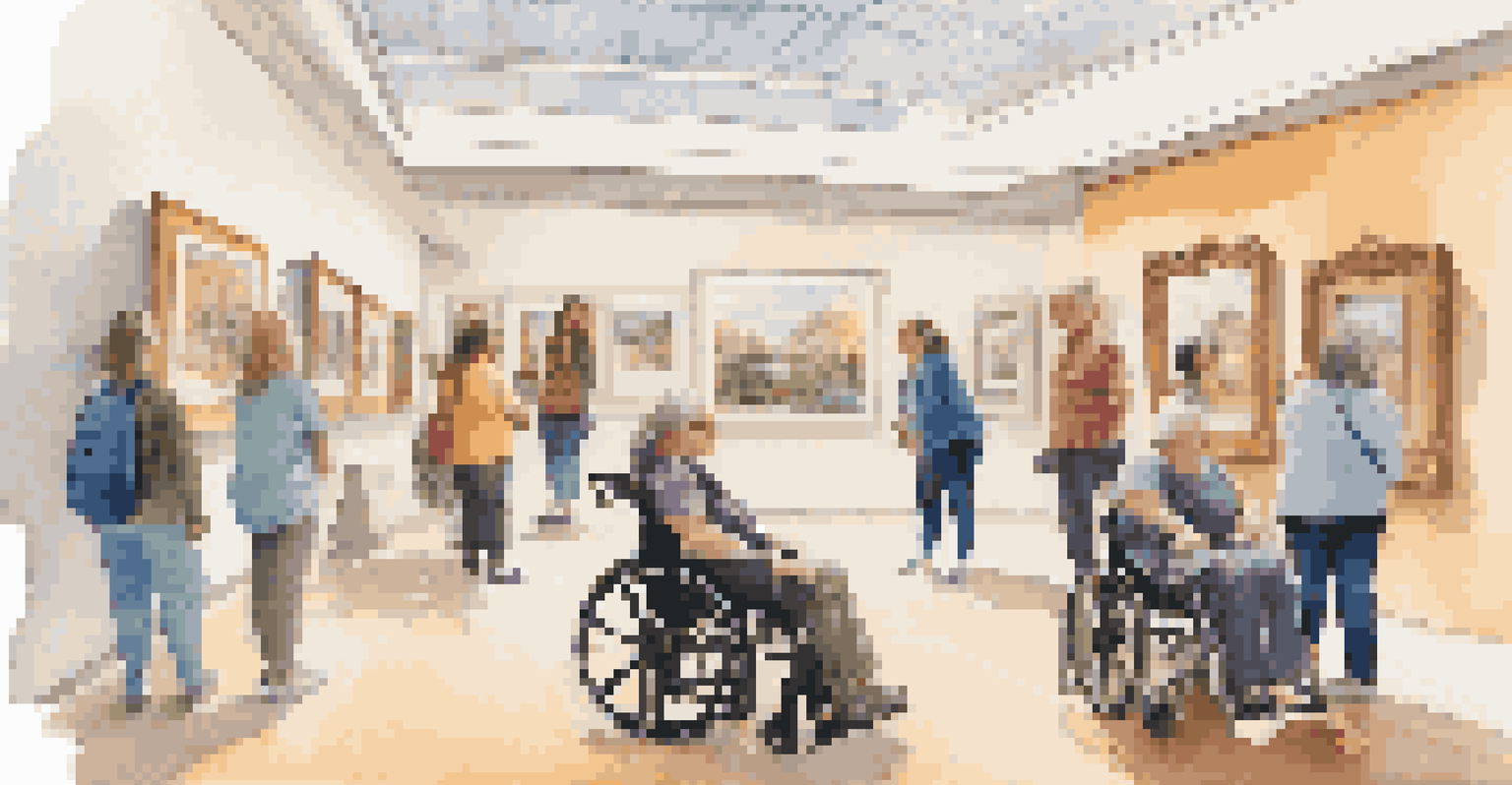 A diverse group of travelers enjoying an accessible museum tour, with staff assisting individuals with mobility challenges and sensory needs.