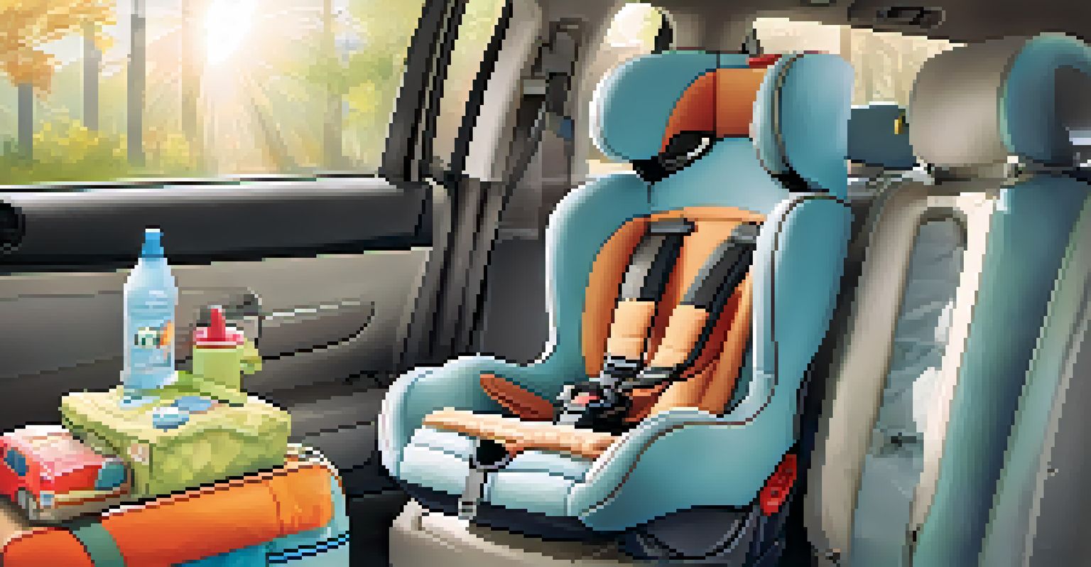 A high-quality car seat installed in a car back seat with travel accessories nearby, illuminated by sunlight.