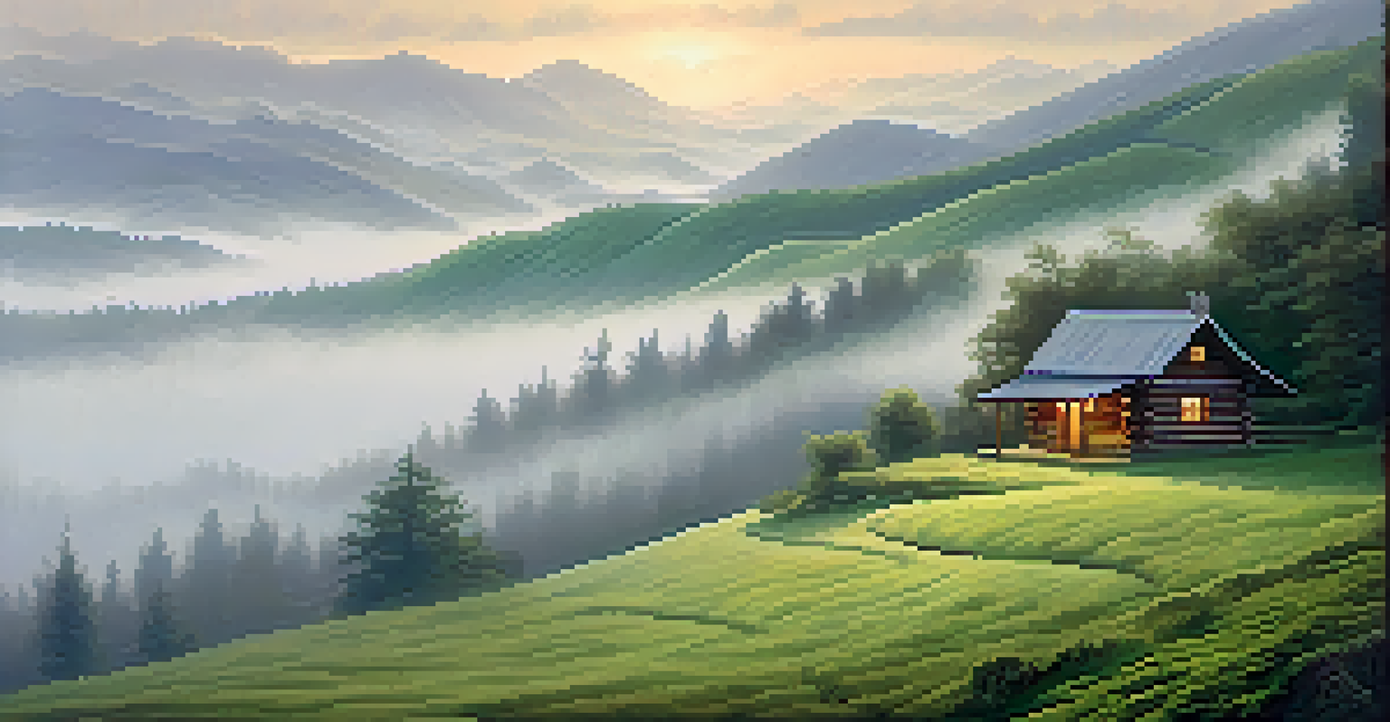 A foggy mountain landscape with a winding path and a cabin, creating a mystical atmosphere.