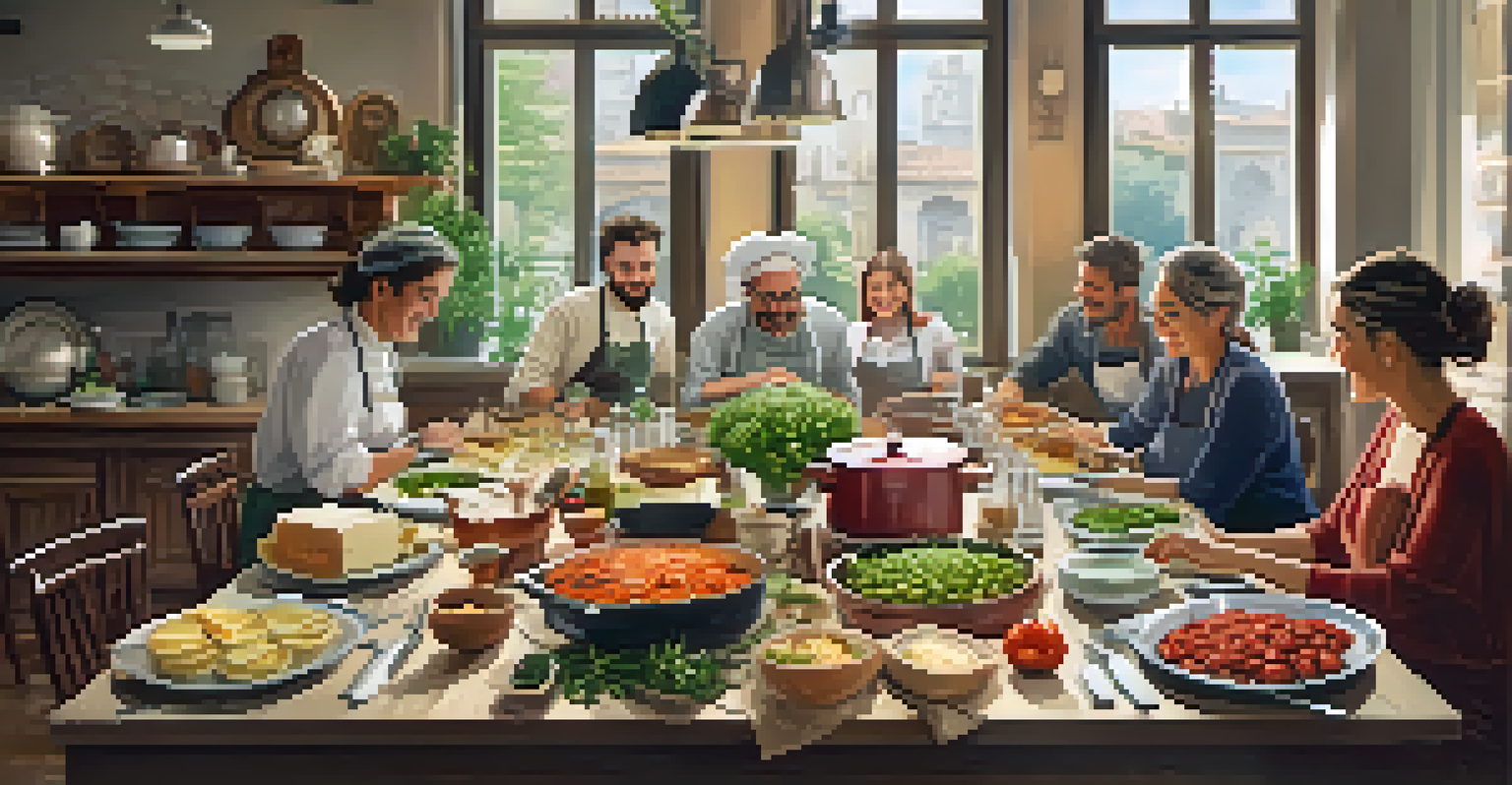 A communal table in an Italian cooking class, with participants sharing food and conversation in a cozy kitchen.