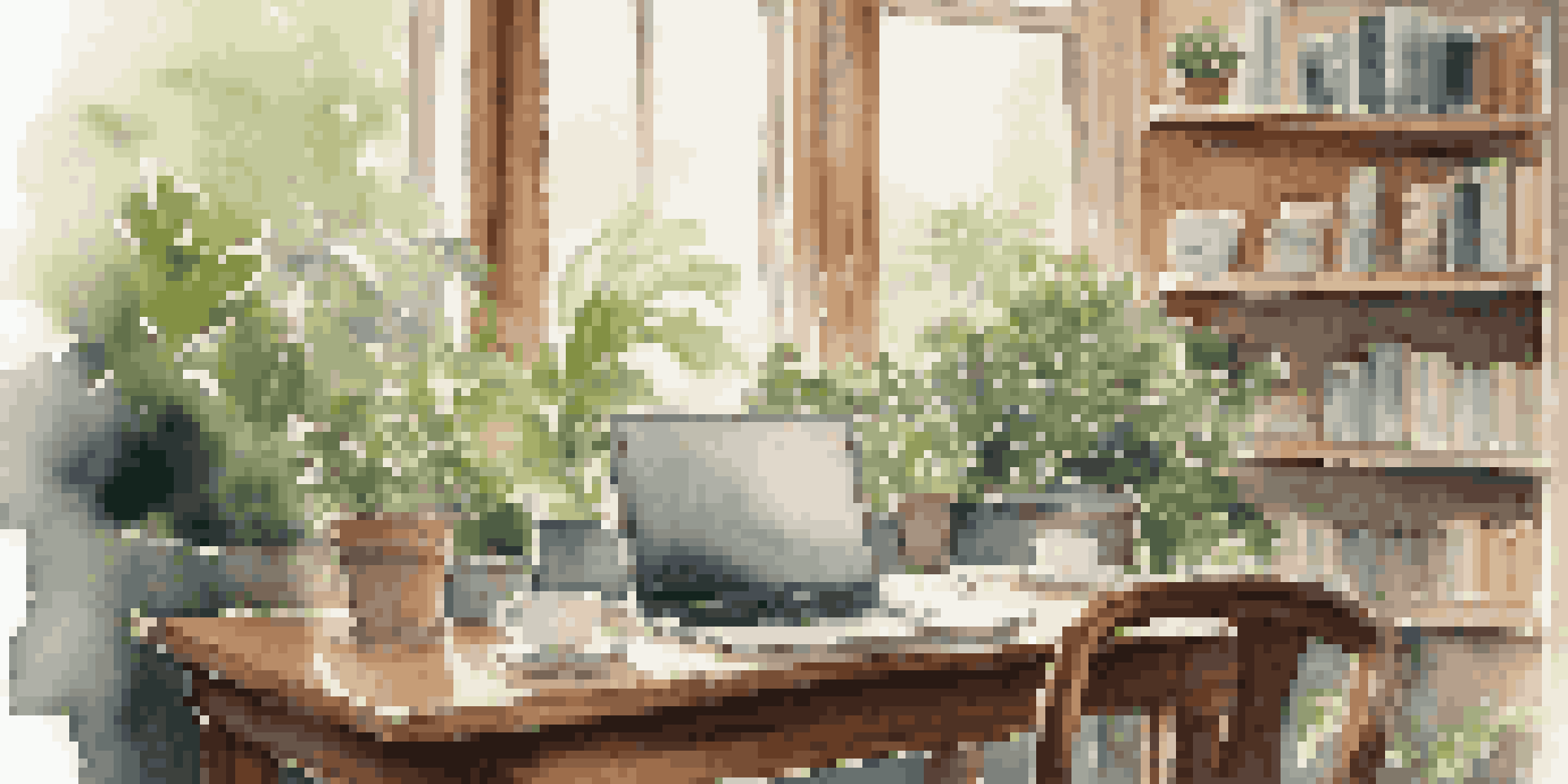 A peaceful café workspace with a laptop on a table, surrounded by plants and a cup of coffee, bathed in soft natural light.