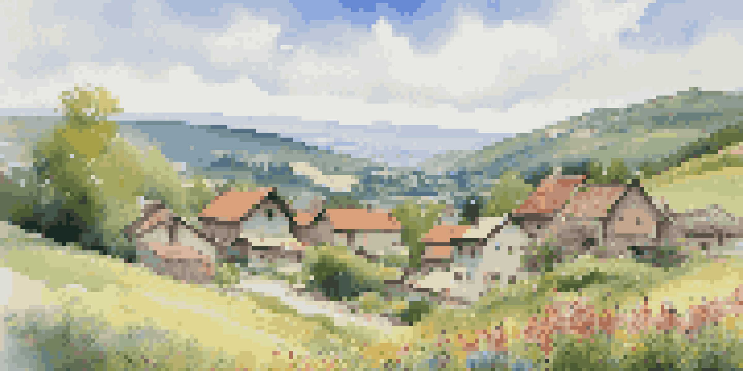 A peaceful village in the hills with timber and stone houses, surrounded by vibrant wildflowers and rolling green hills under a blue sky.