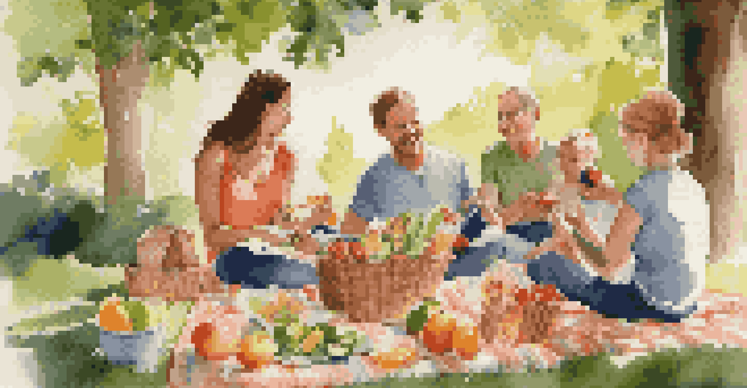 A family enjoying a healthy picnic with fresh fruits and snacks on a blanket in a sunny park.