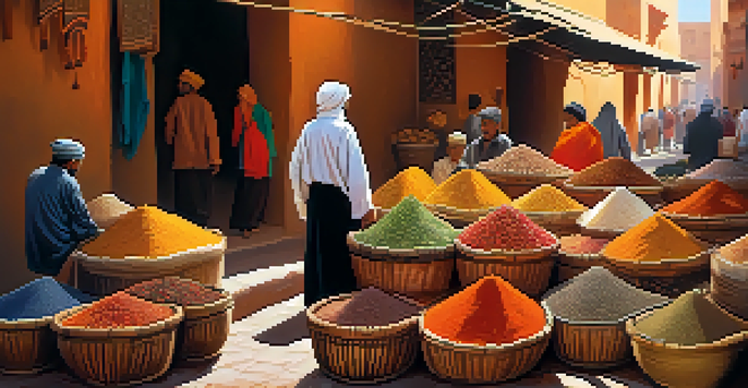 A lively market in Marrakech filled with colorful spices and local artisans amidst warm sunlight.