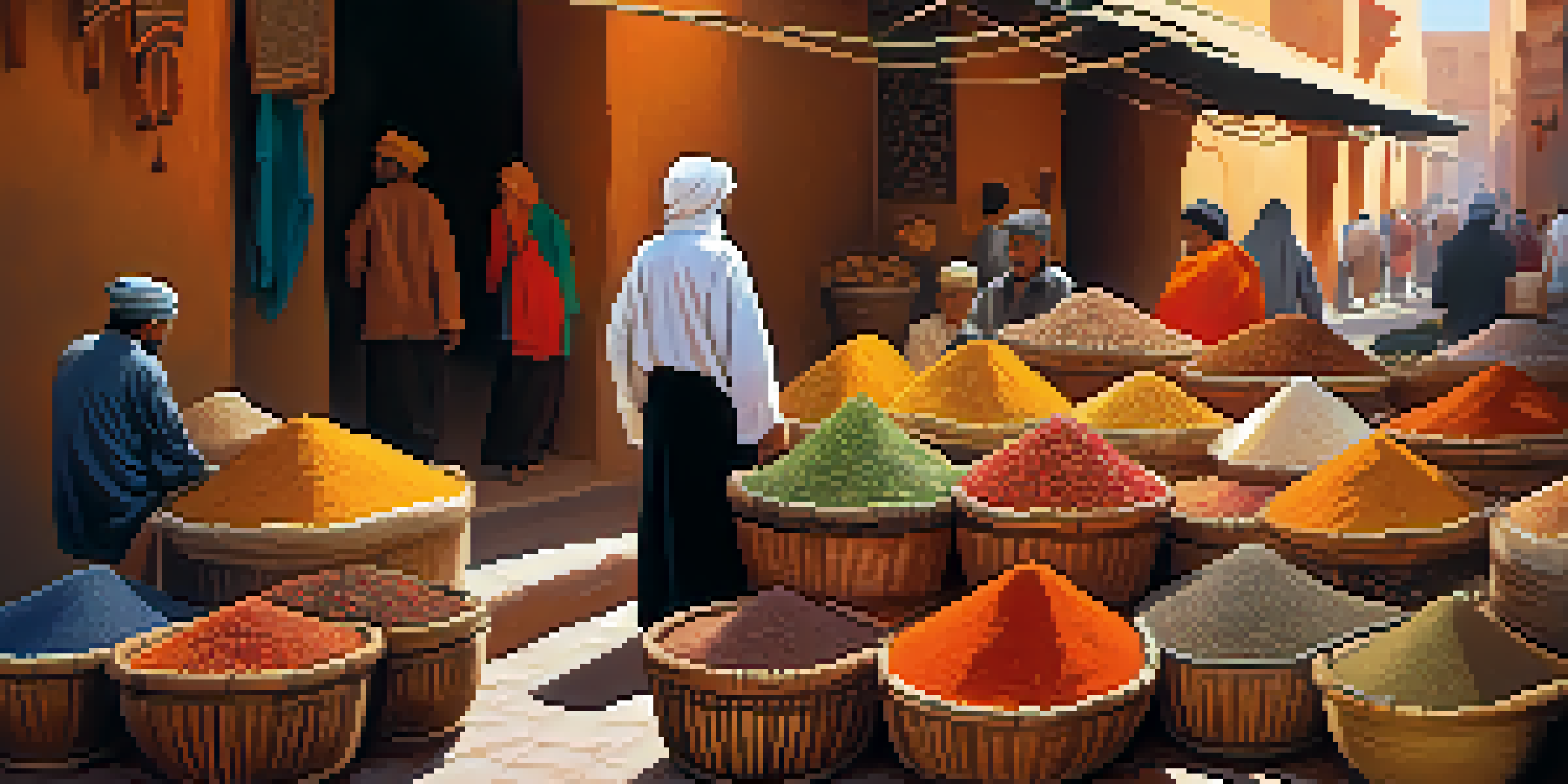 A lively market in Marrakech filled with colorful spices and local artisans amidst warm sunlight.