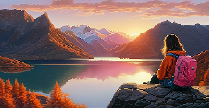 A young woman sitting on a rocky ledge, gazing at a sunset over mountains and a lake, with warm colors in the sky.