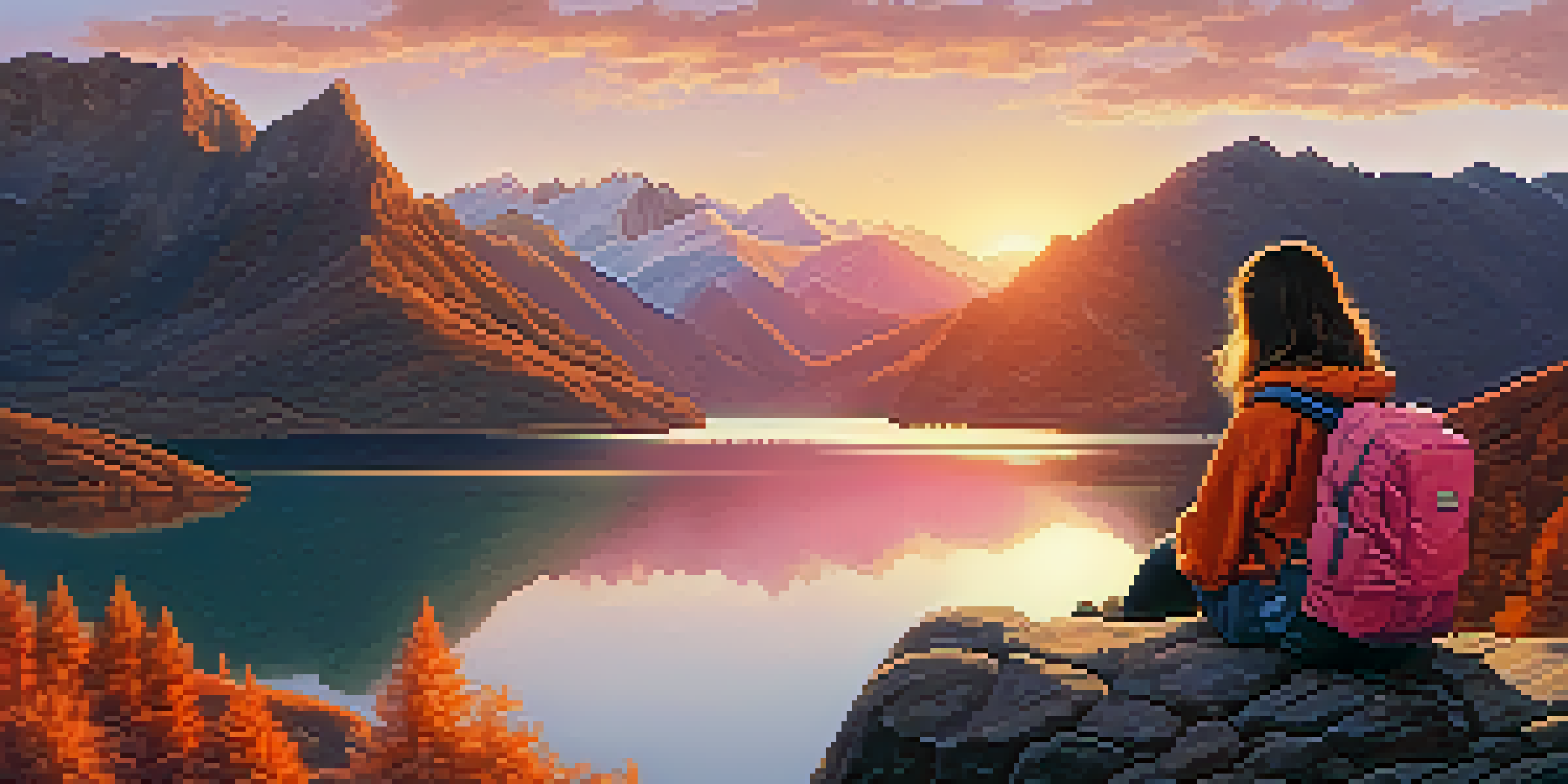 A young woman sitting on a rocky ledge, gazing at a sunset over mountains and a lake, with warm colors in the sky.