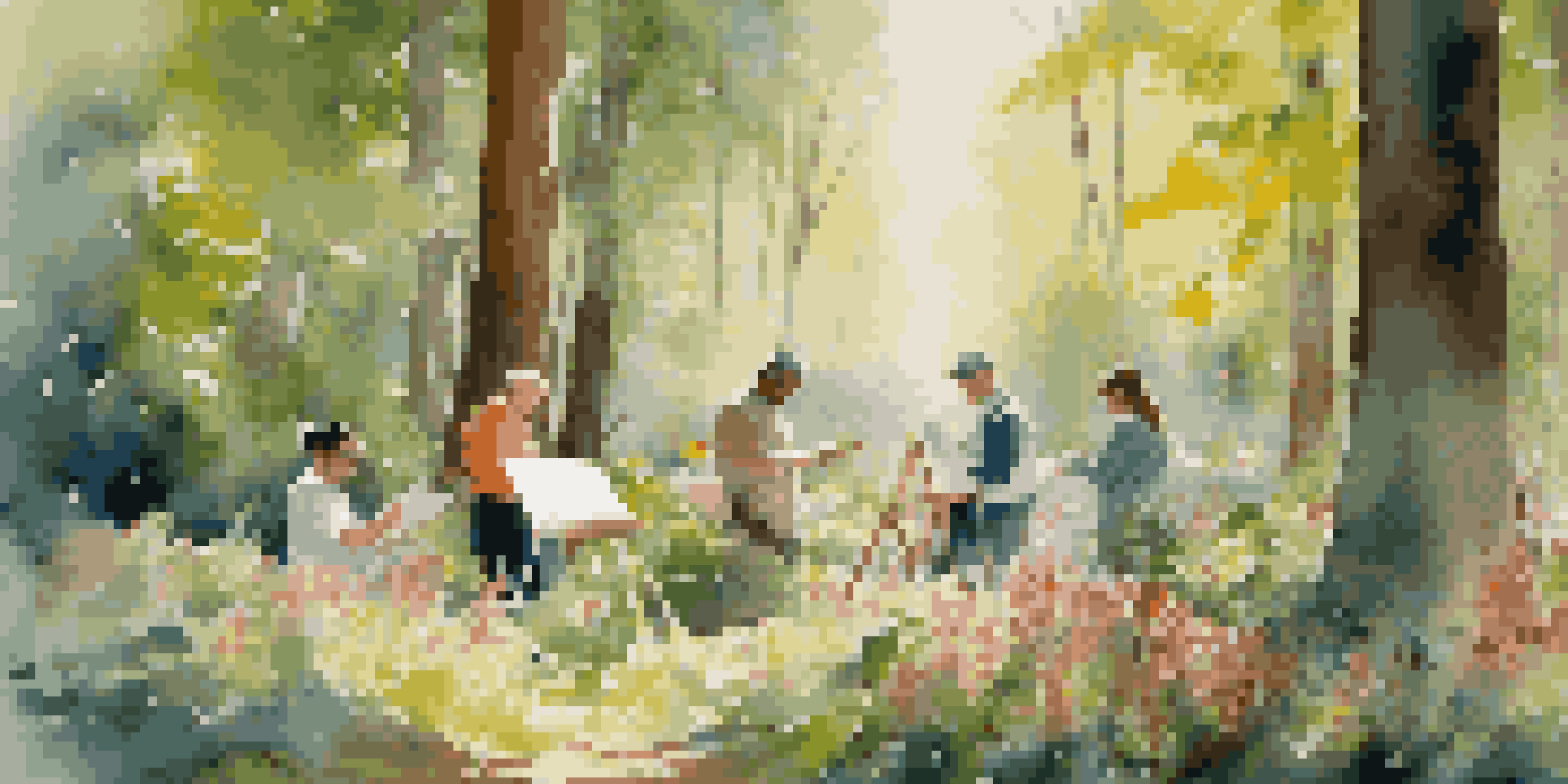 Participants in a forest setting engaged in painting on easels, with sunlight filtering through the trees and colorful flowers around them.