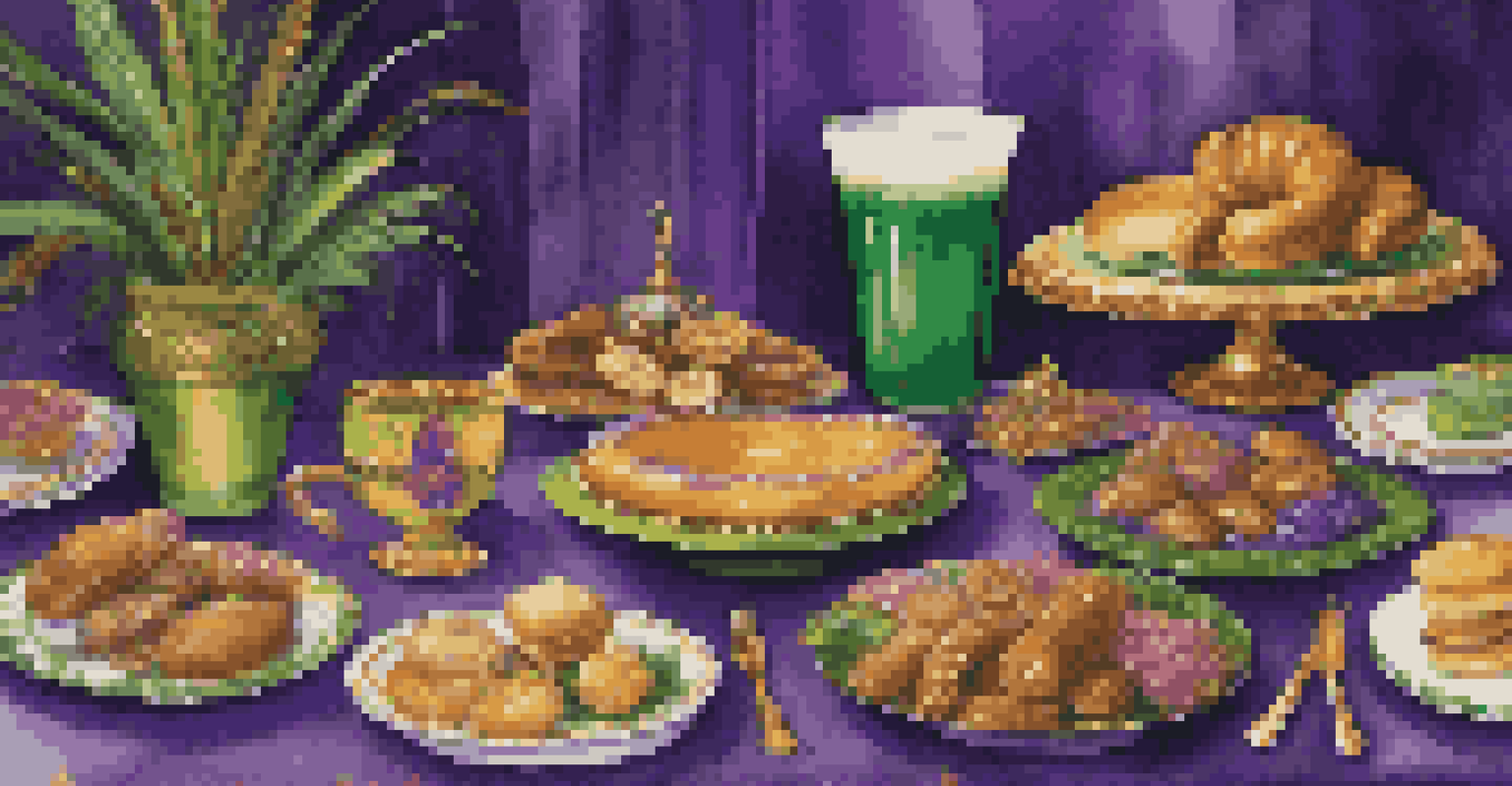 A table filled with traditional Mardi Gras foods including King Cake, gumbo, jambalaya, and beignets.