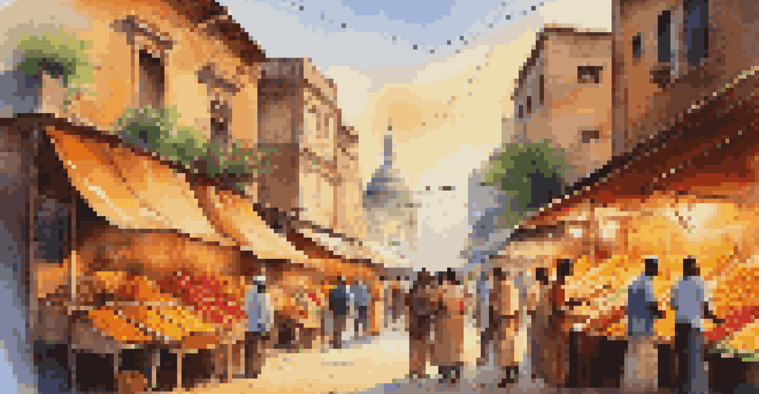 A lively street market filled with colorful stalls of fruits, crafts, and food, with locals and tourists interacting against a backdrop of historic architecture.