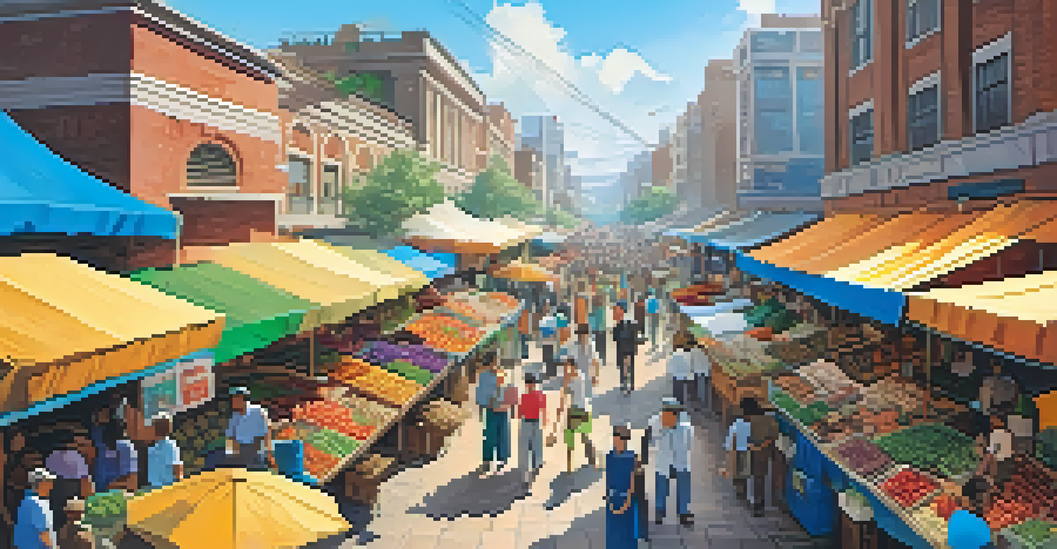 A vibrant city market filled with people and colorful stalls.