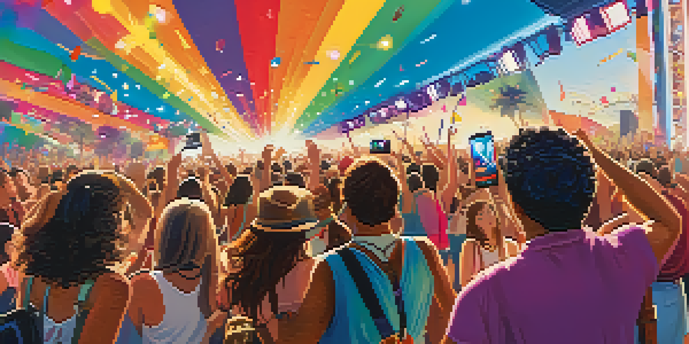 A lively music festival with a diverse crowd enjoying performances, colorful stage lights, and a solo traveler taking photos.