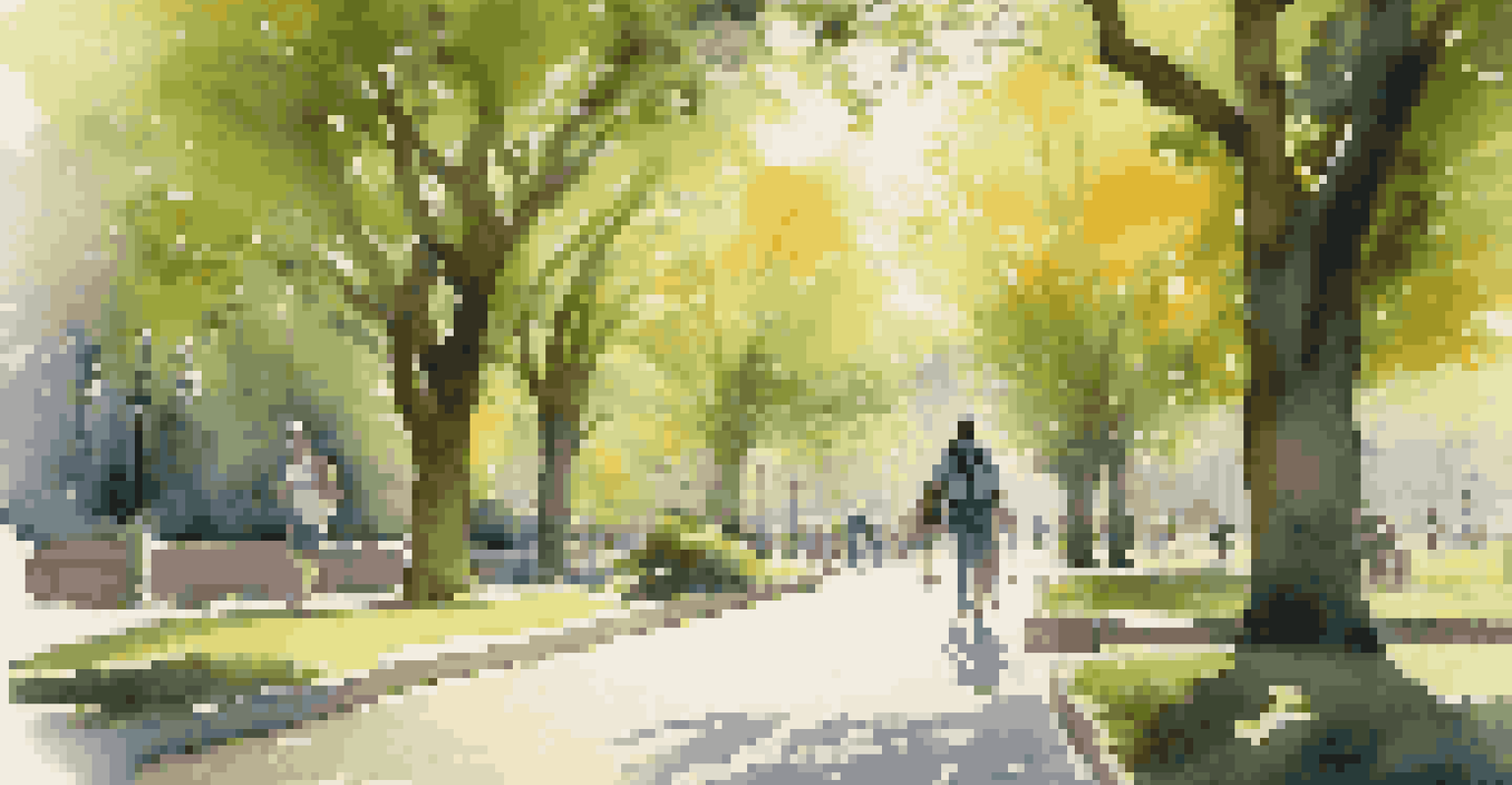 A traveler walking in a sunny city park, looking energized and surrounded by lush greenery and cheerful people.