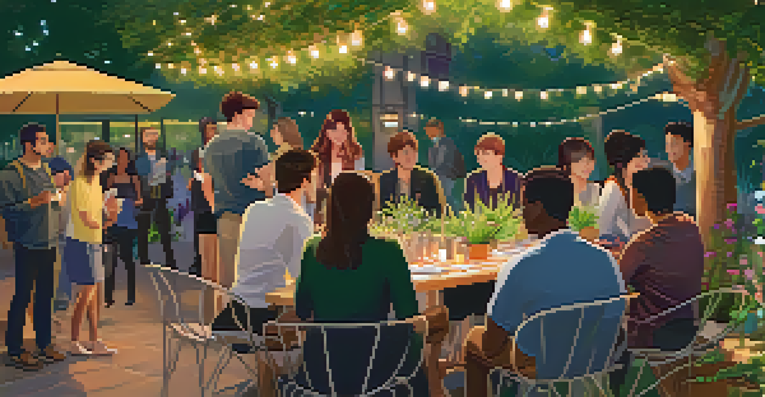 International students networking outdoors in a colorful garden, sharing ideas and exchanging business cards under fairy lights.