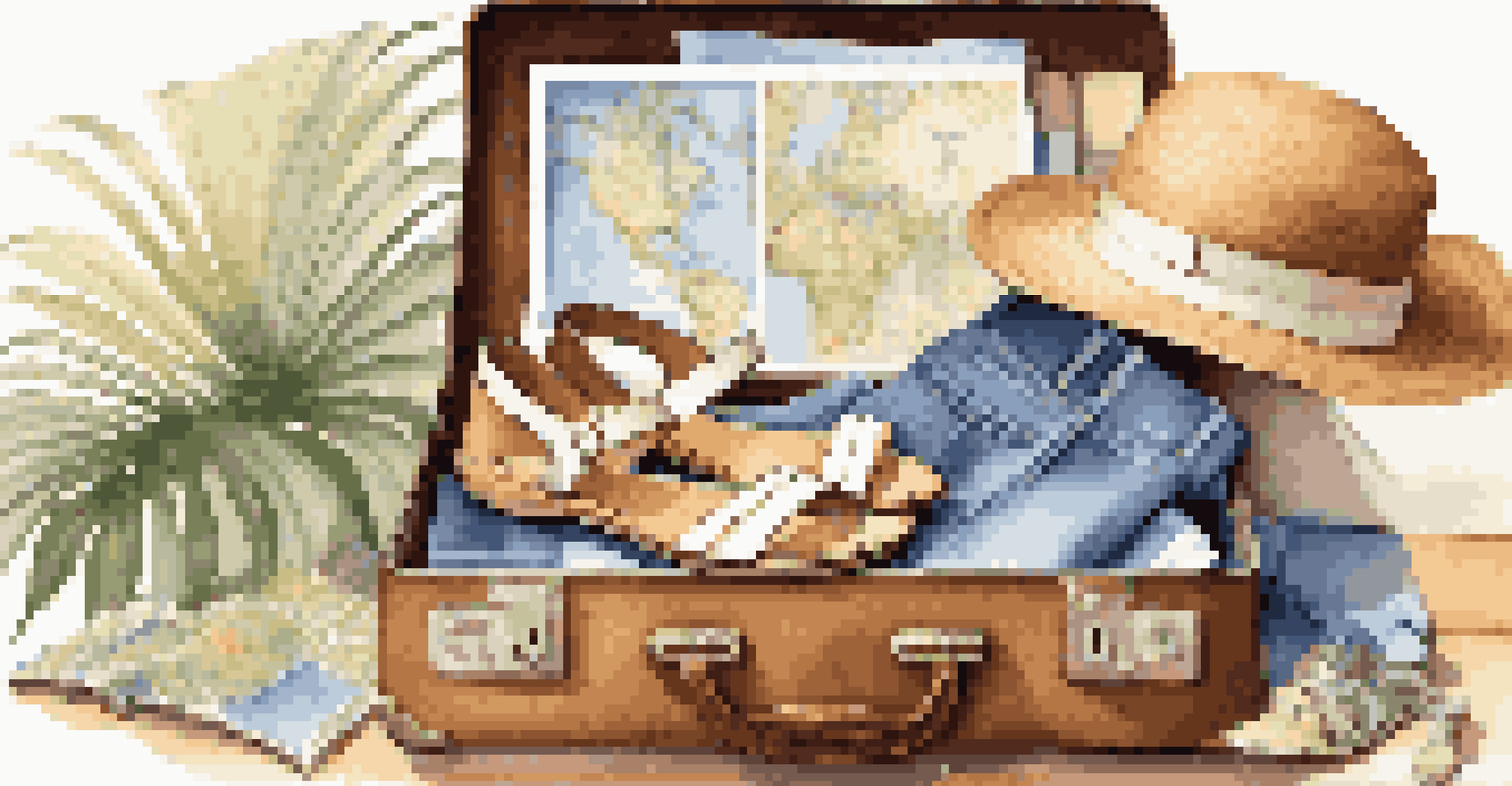 A suitcase packed for a cruise with rolled clothes, sandals, a sun hat, and travel accessories on a map background.