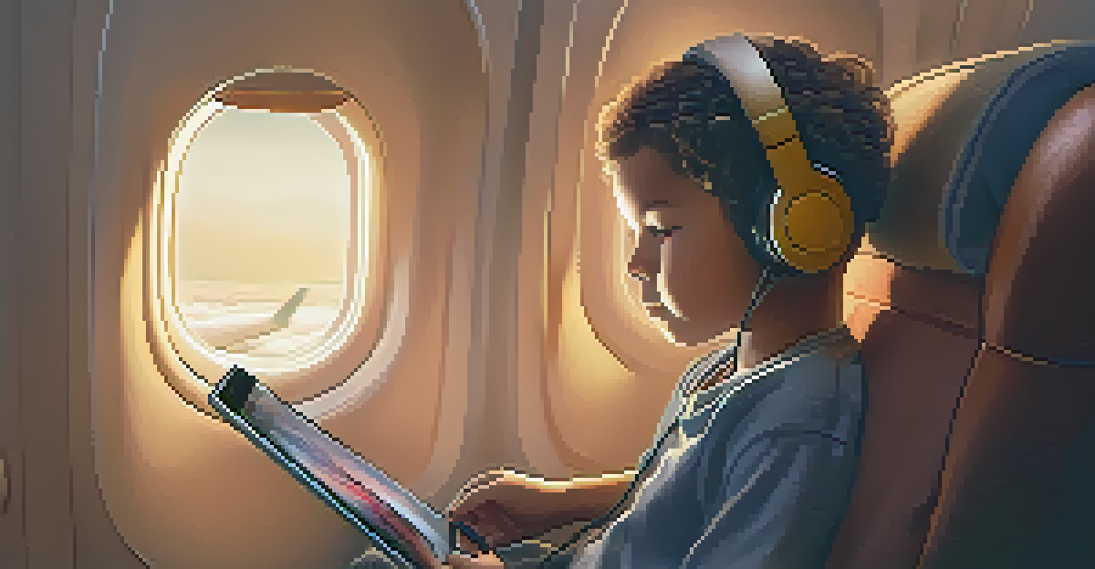 A child seated in an airplane cabin, wearing headphones and watching a movie on a tablet with a neck pillow and blanket.