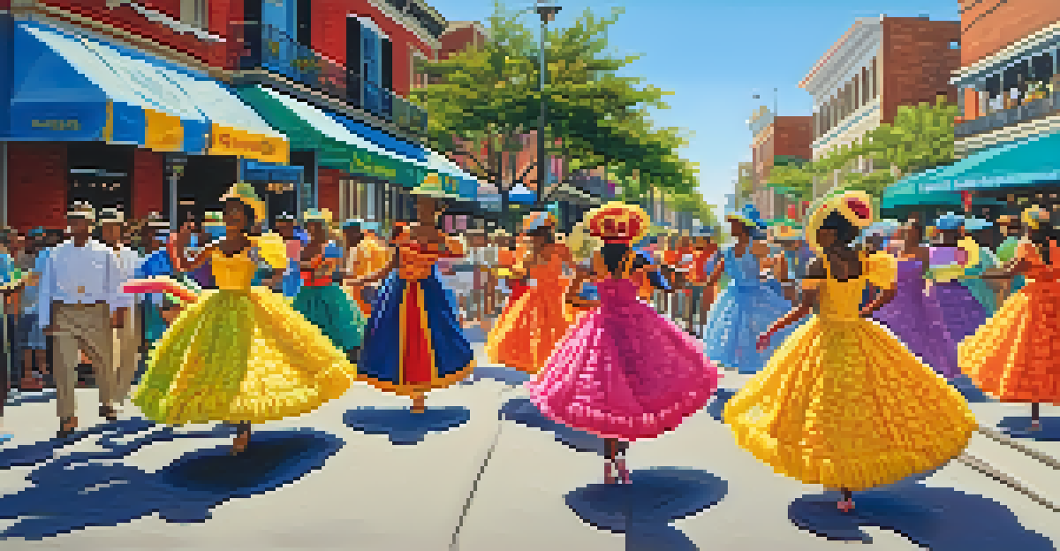 A street festival in New Orleans with colorful floats, dancers, and joyous crowds celebrating under a clear blue sky.