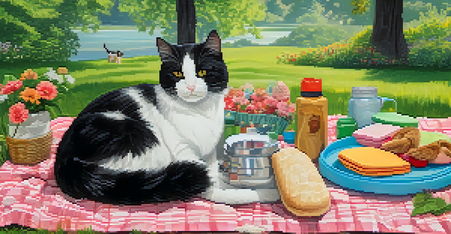 A relaxed cat on a picnic blanket with grooming supplies and toys, surrounded by nature.