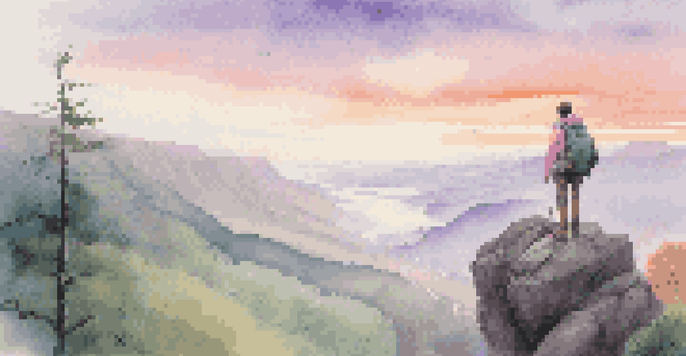 A traveler stands on a cliff overlooking a misty valley at sunrise, wearing a backpack.