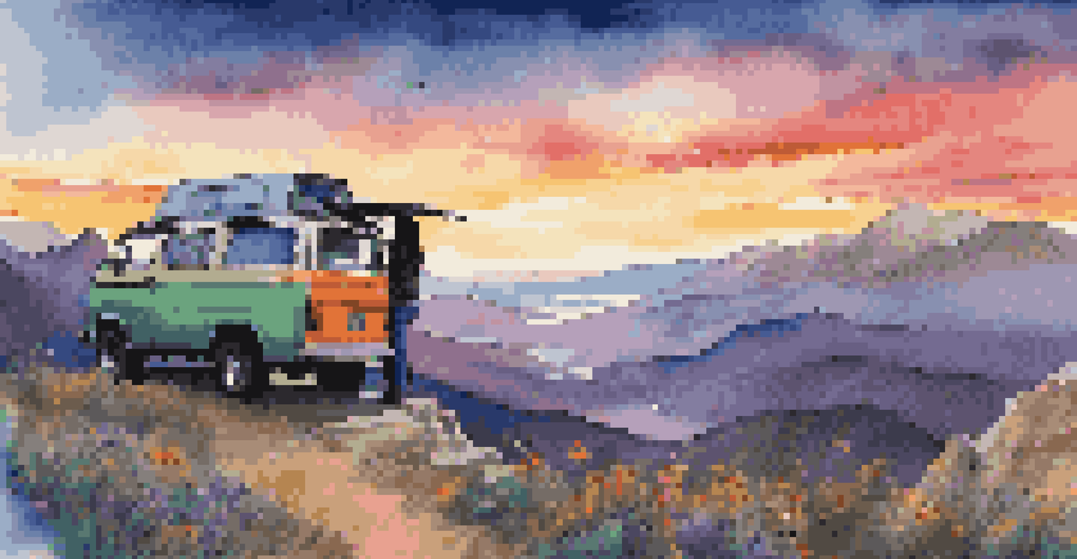An adventurous van lifer standing on a mountain overlook at sunset, silhouetted with a camera and a van nearby.