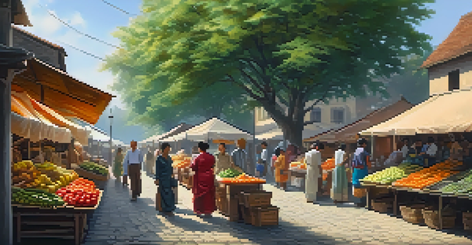 A lively local market scene with vibrant stalls filled with fruits, vegetables, and crafts, illuminated by sunlight.