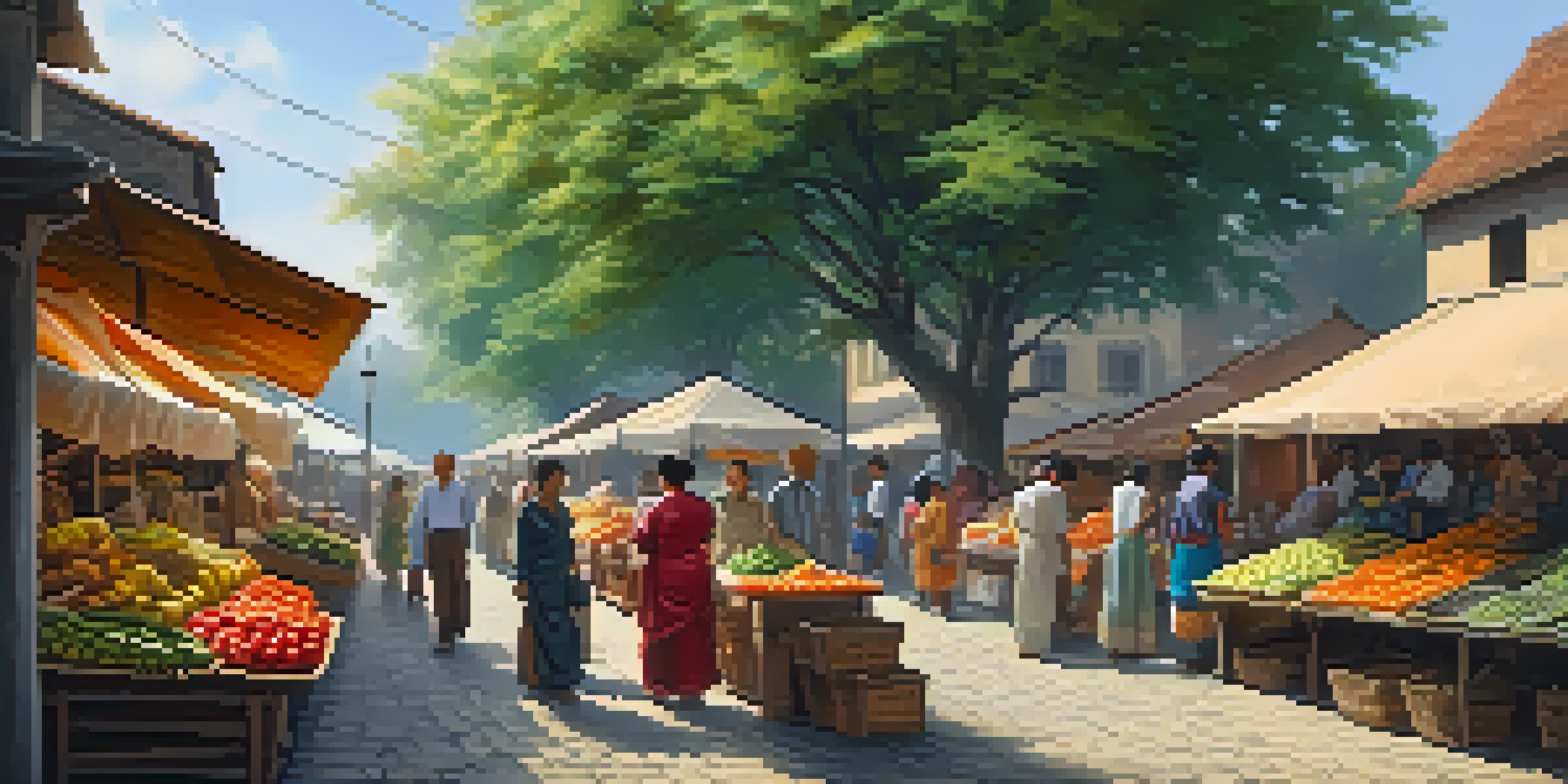 A lively local market scene with vibrant stalls filled with fruits, vegetables, and crafts, illuminated by sunlight.