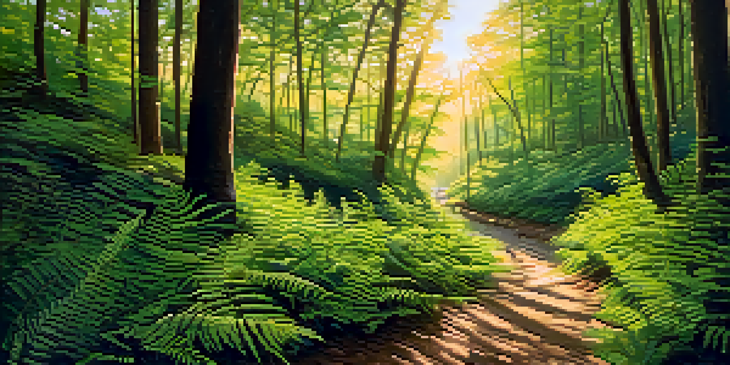 A tranquil forest with sunlight streaming through trees, illuminating a path surrounded by ferns and a glistening stream in the background.