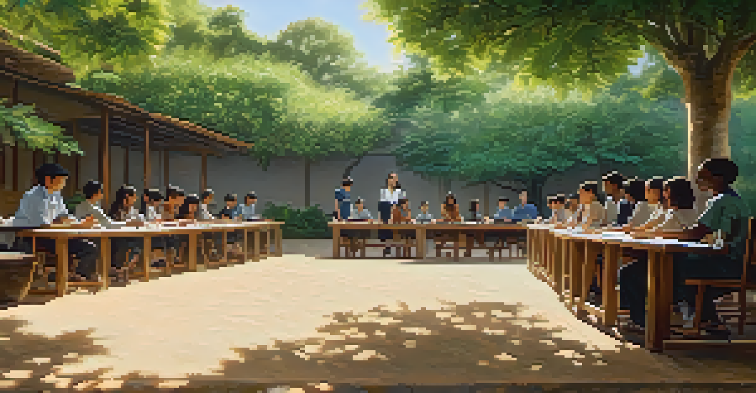An outdoor classroom with learners and an instructor, surrounded by greenery, engaged in a language lesson.