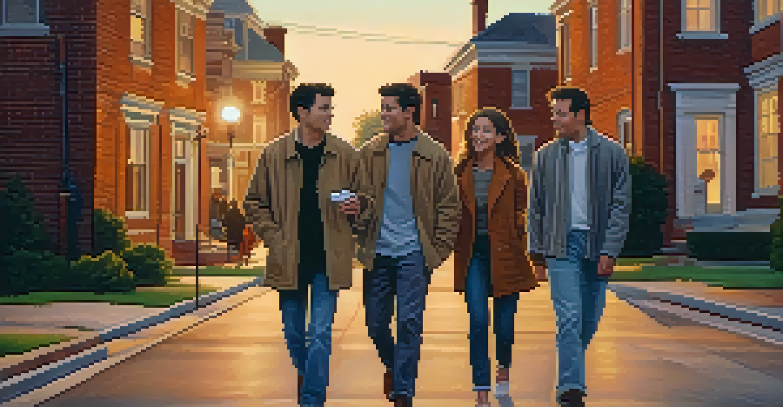 A group of friends walking together on a quiet street illuminated by streetlights, surrounded by charming architecture.