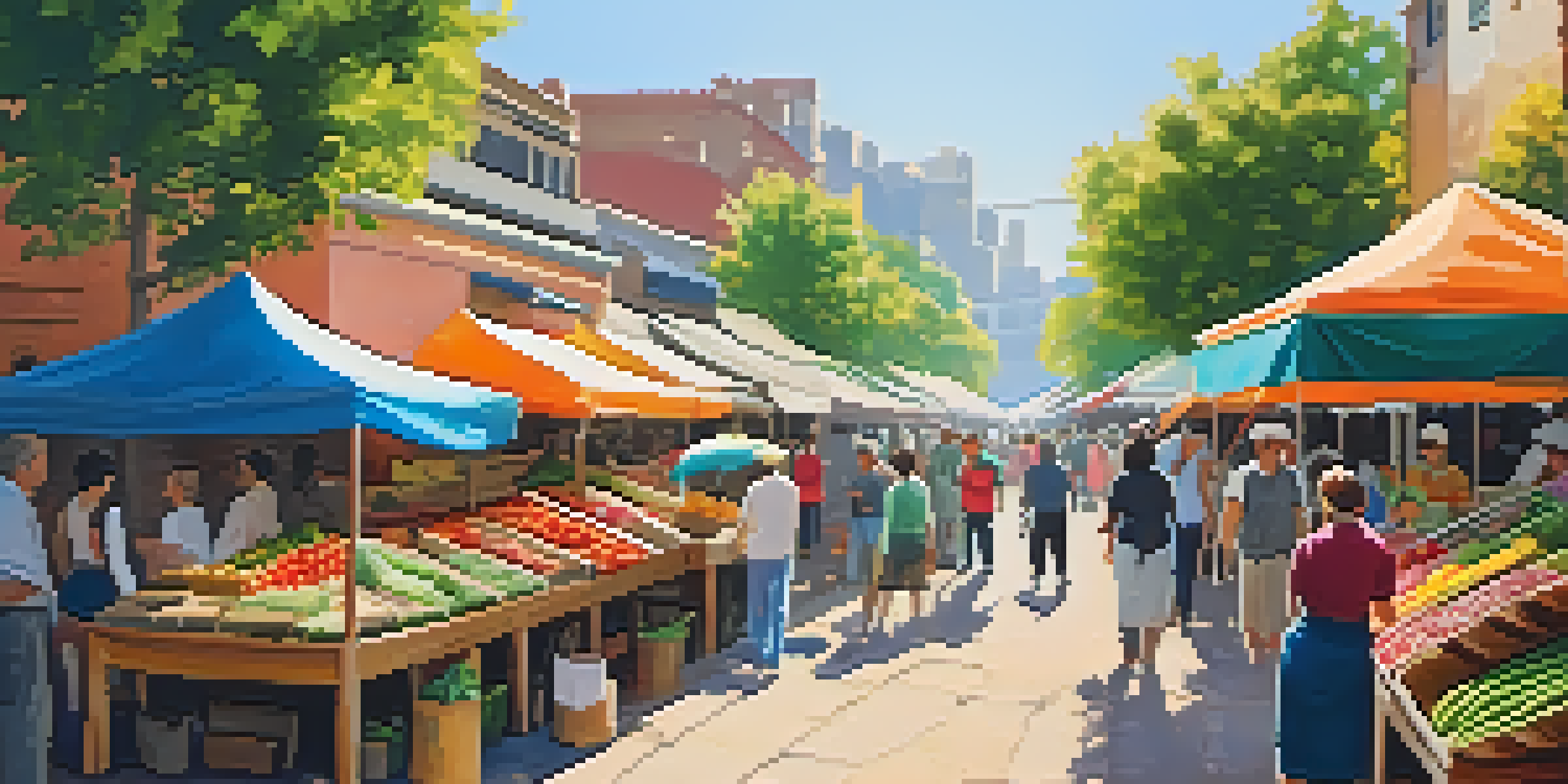 A lively local market with colorful stalls and people enjoying the atmosphere under sunlight and trees.