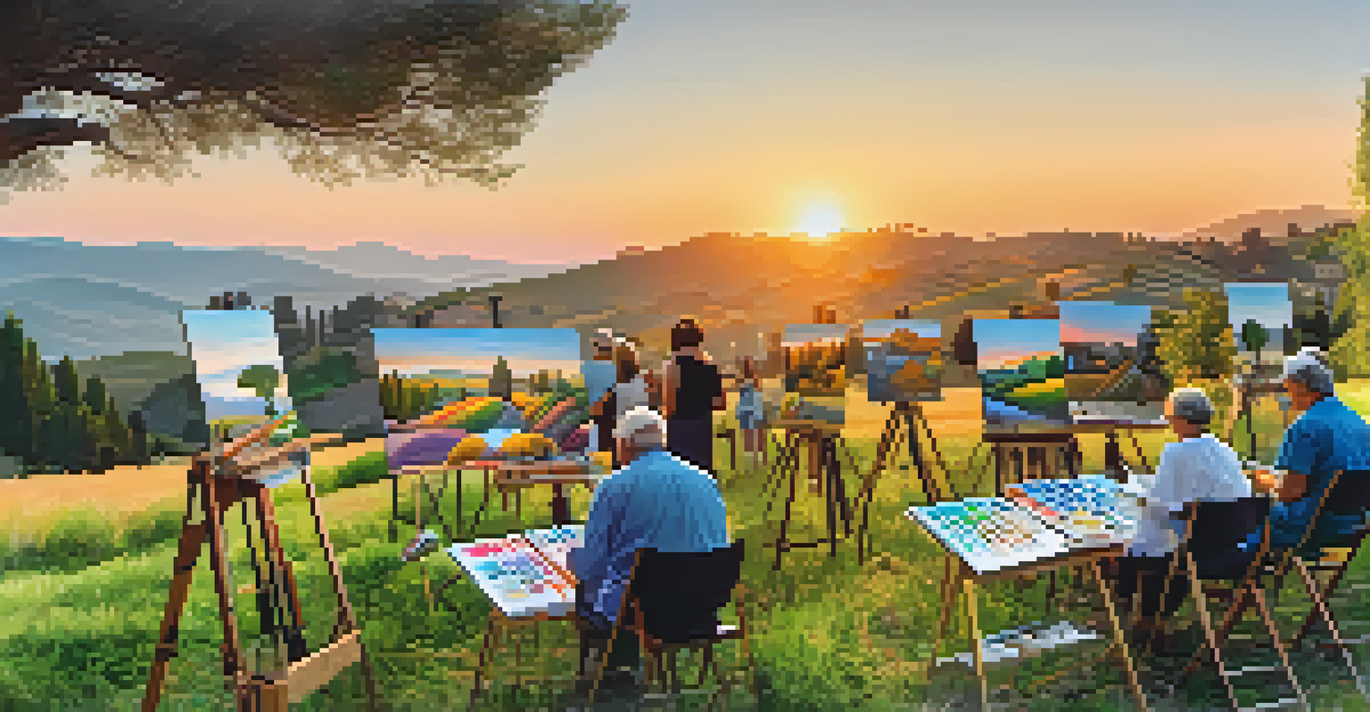 Participants in an outdoor art workshop painting with a sunset backdrop in Italy, surrounded by rolling hills and cypress trees.