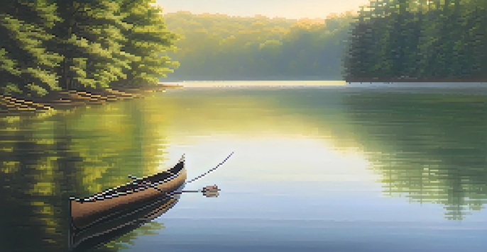 A peaceful sunrise landscape with a calm lake, surrounded by trees and a canoe drifting on the water.