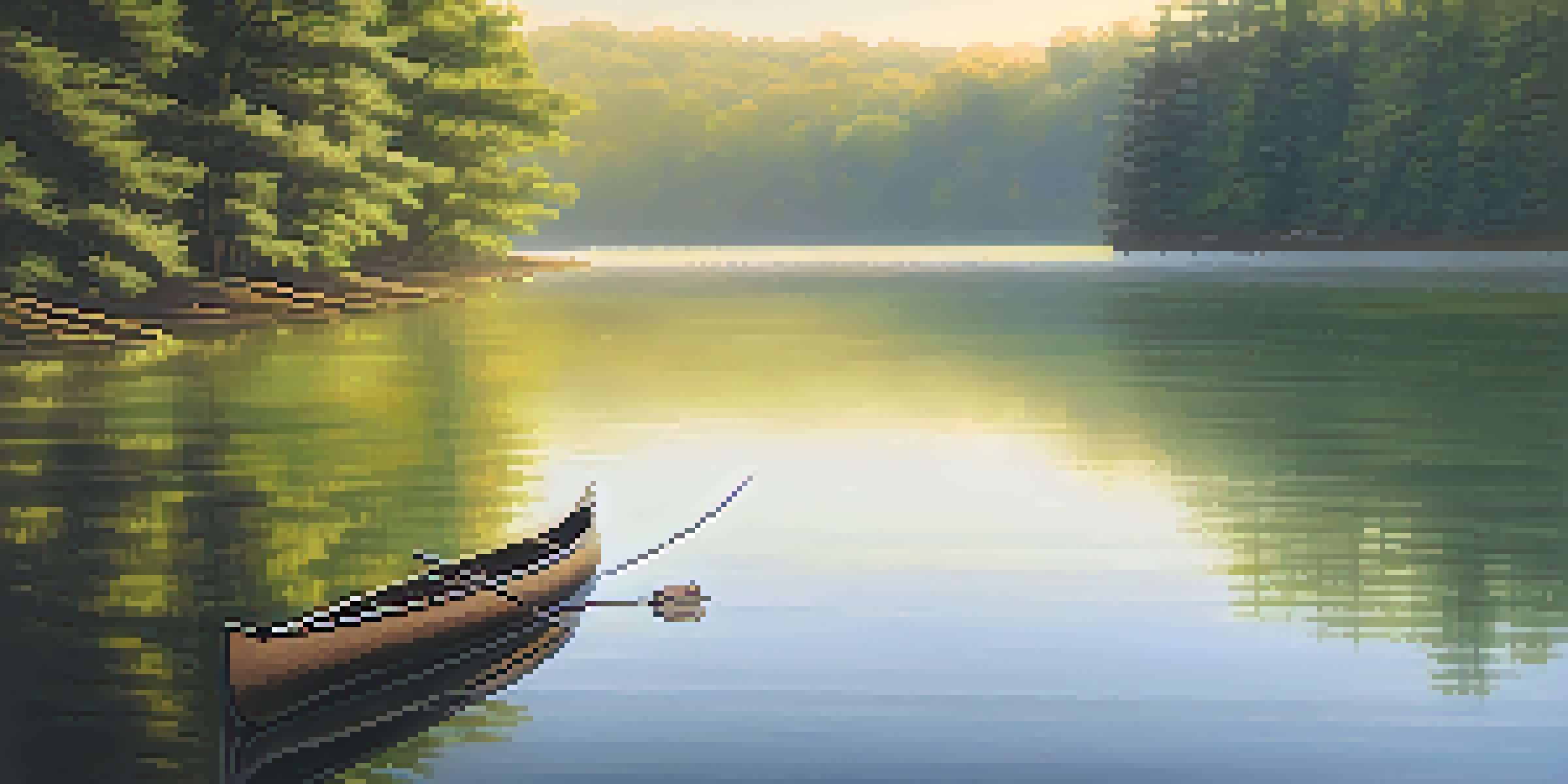 A peaceful sunrise landscape with a calm lake, surrounded by trees and a canoe drifting on the water.