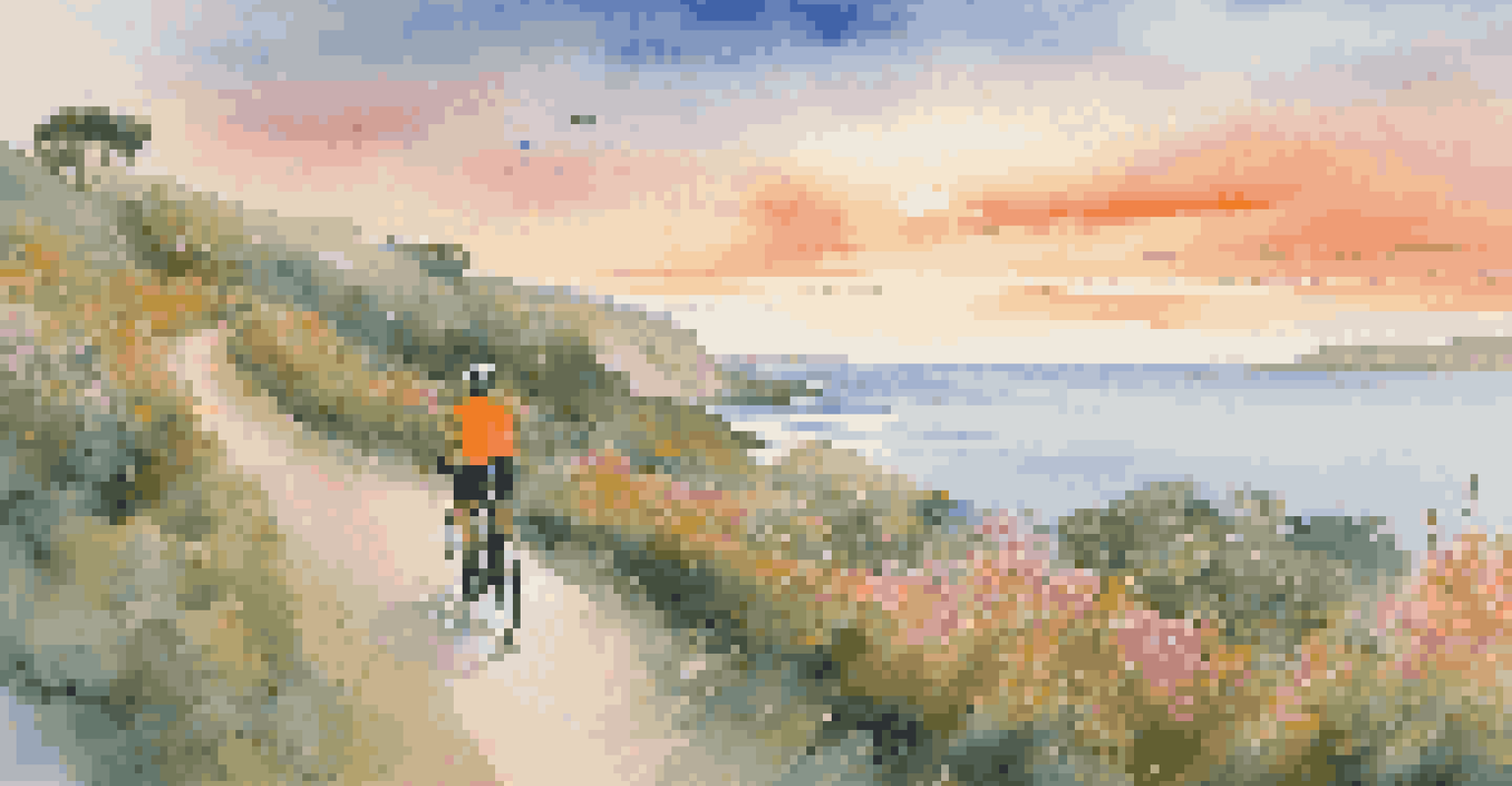 A cyclist enjoying a beautiful coastal ride, with the ocean and greenery, under a sunset sky filled with orange and pink colors.