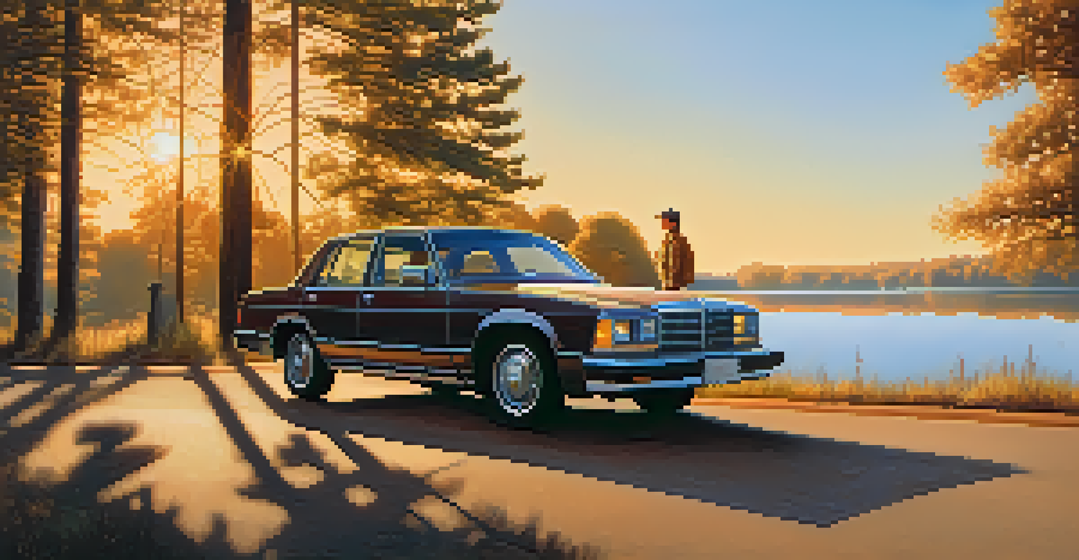 A driver stretching by a parked car near a serene lake during sunset, highlighting the importance of taking breaks.