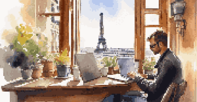 A person working on a laptop in a Paris café, with coffee and the Eiffel Tower visible outside.