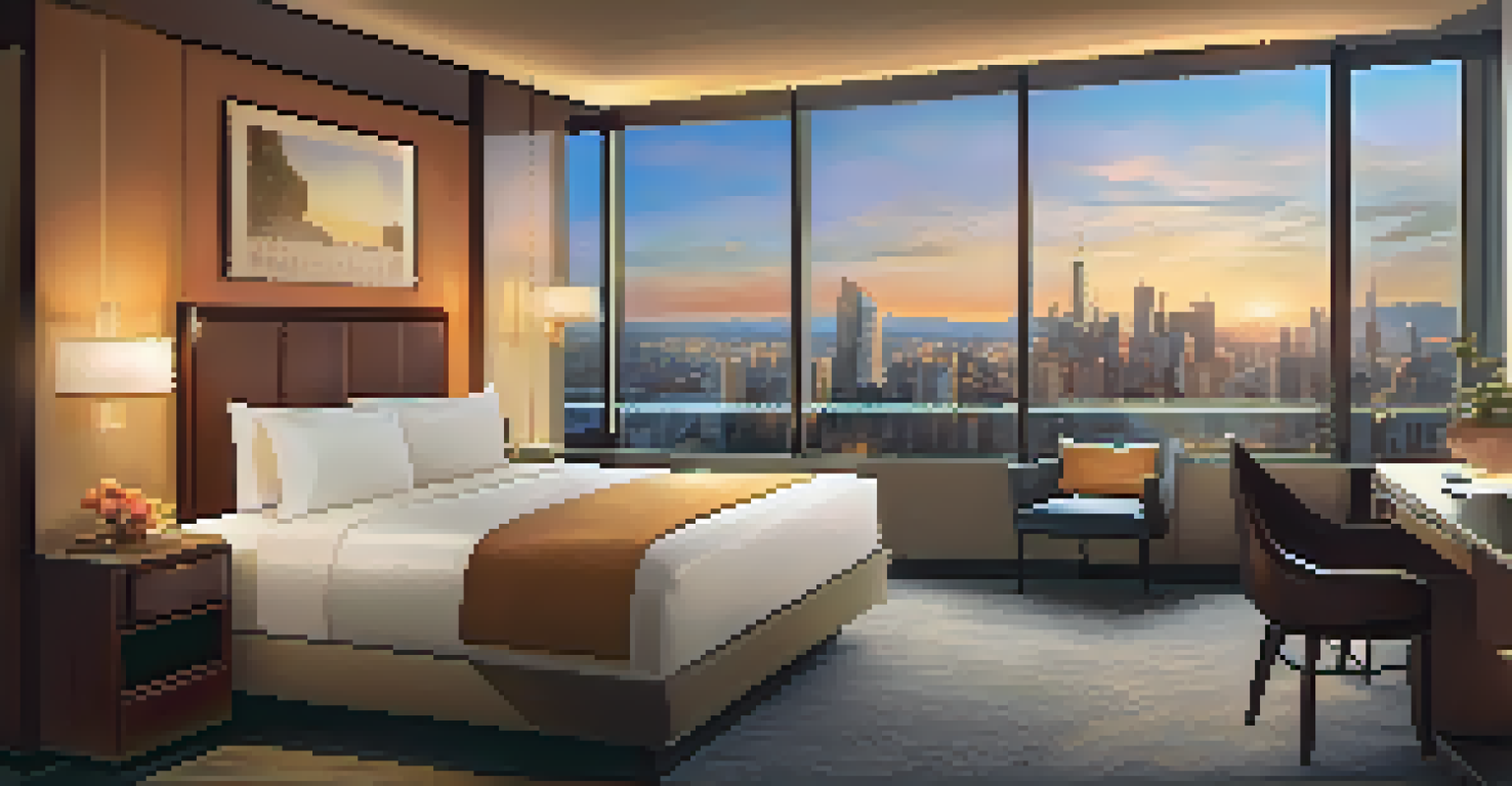 A beautifully decorated hotel room with a city view at sunset, illustrating smart hotel bookings.