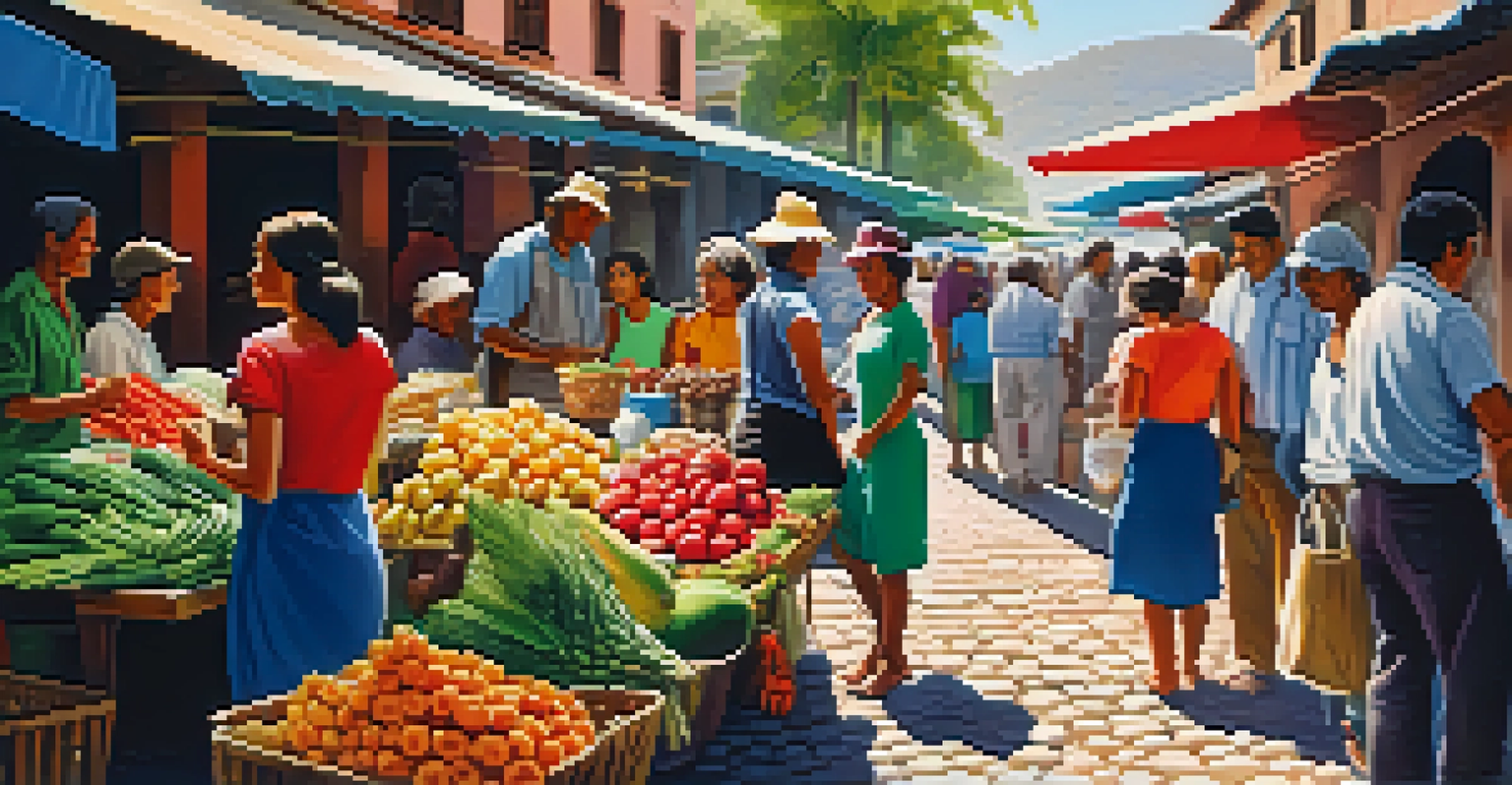 A lively Latin American market with colorful produce, vendors interacting with shoppers, and a vibrant outdoor setting.