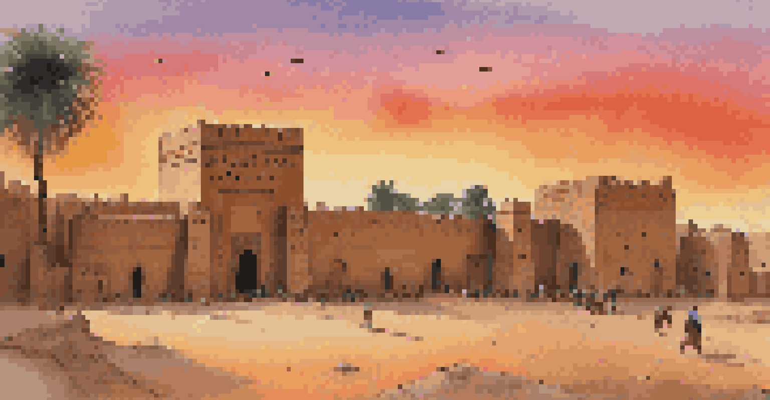The historic city of Timbuktu at sunset, featuring mud-brick buildings against a colorful sky, surrounded by palm trees.