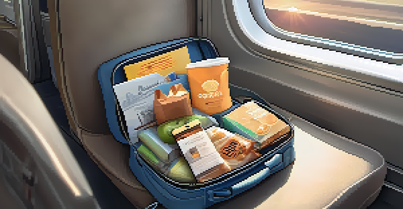 A well-organized carry-on bag on a train seat, featuring snacks, a book, and travel documents, with sunlight streaming in.
