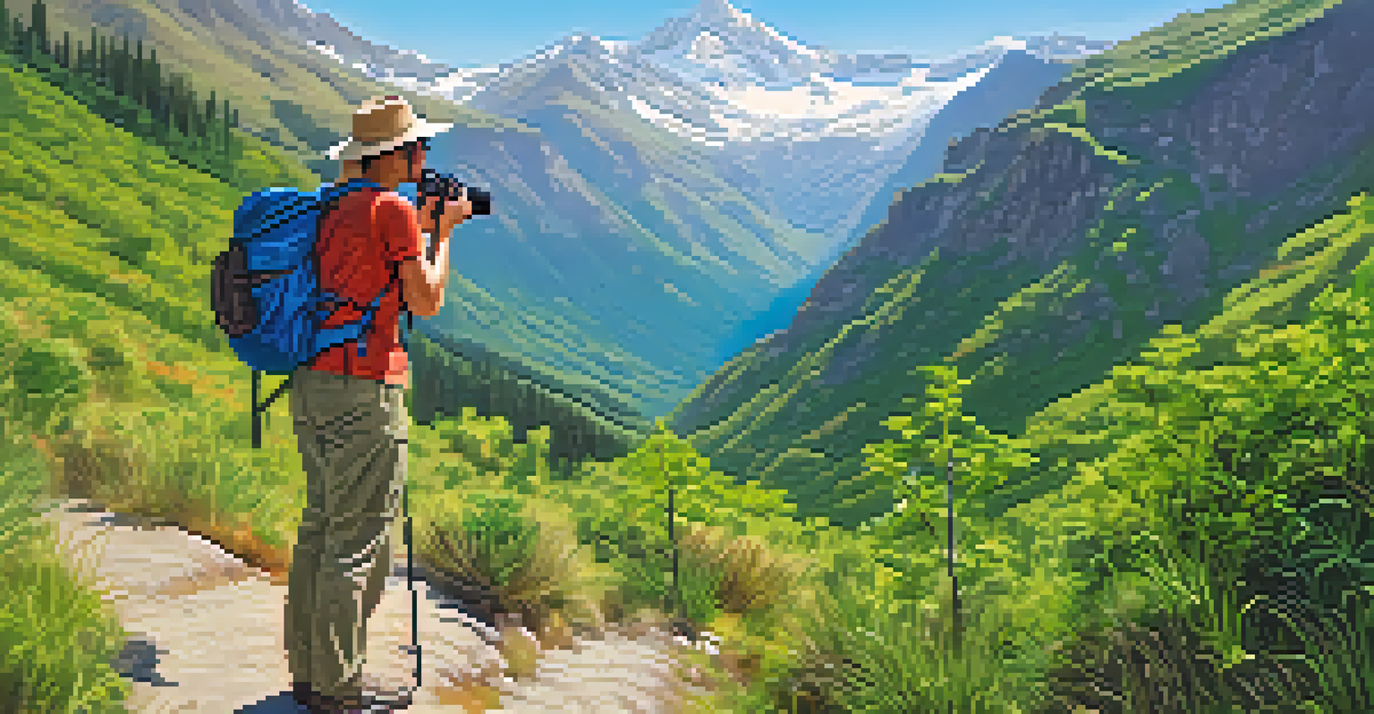A traveler using a compact camera on a hiking trail with mountains and greenery in the background.