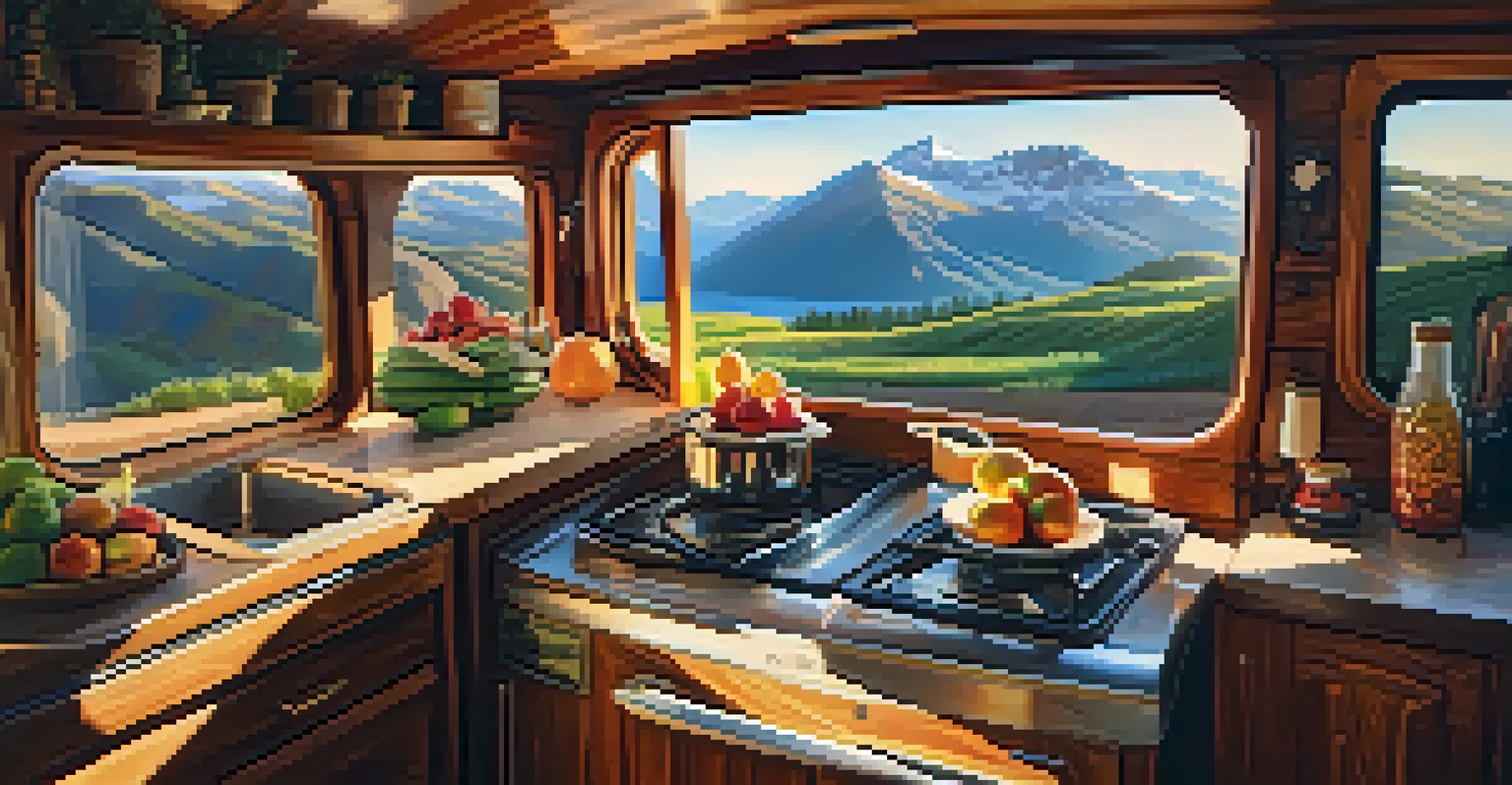 Interior view of a cozy van kitchen with a portable stove and fresh fruits, and a mountain view visible through the window.