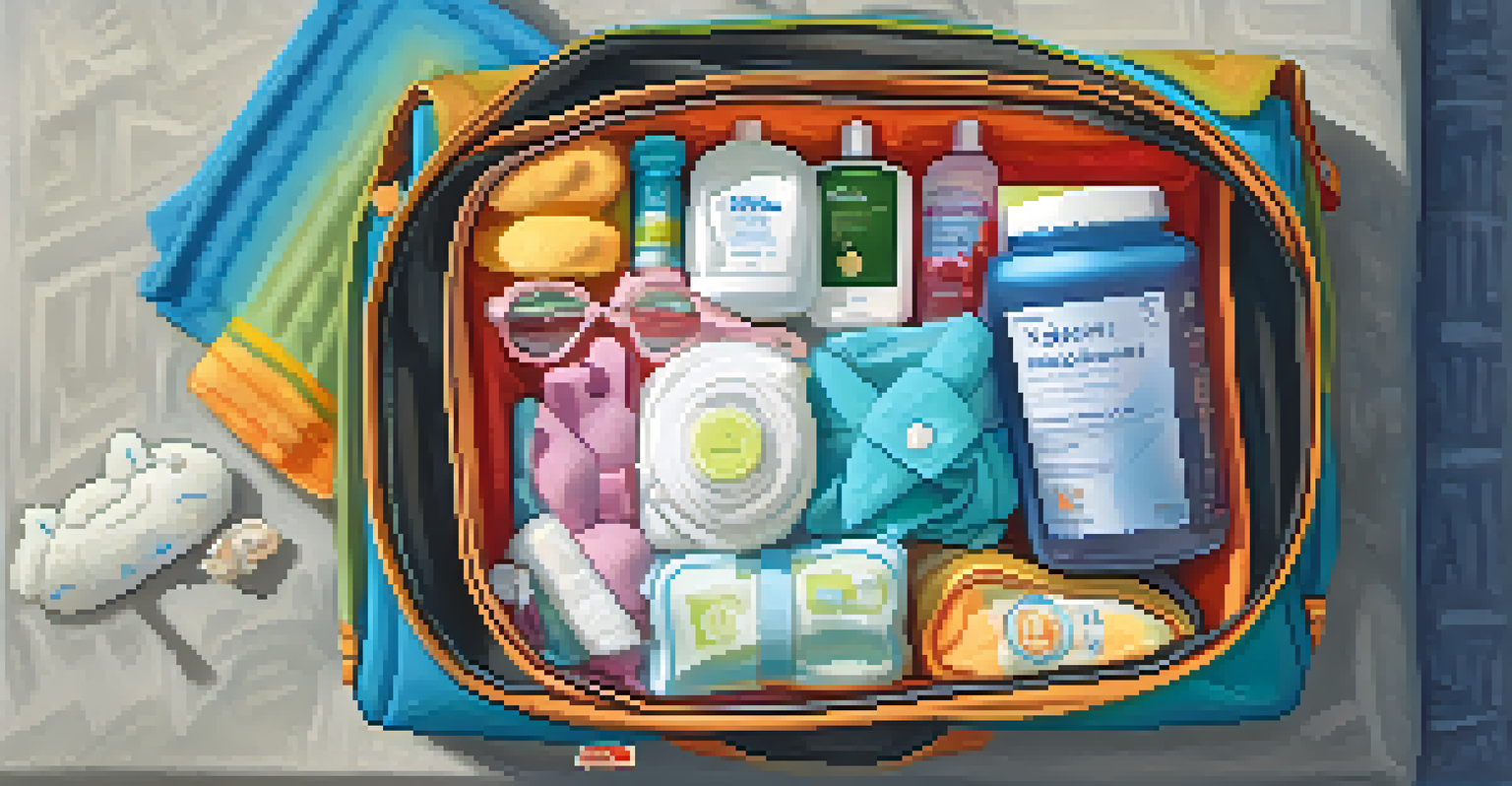 An organized diaper bag filled with travel essentials on a lounge chair in an airport, with a colorful blanket.