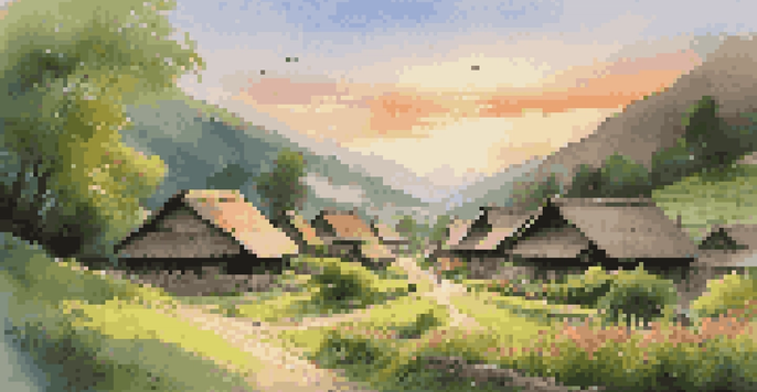 A peaceful remote village in a green valley with wooden houses and villagers at sunset.