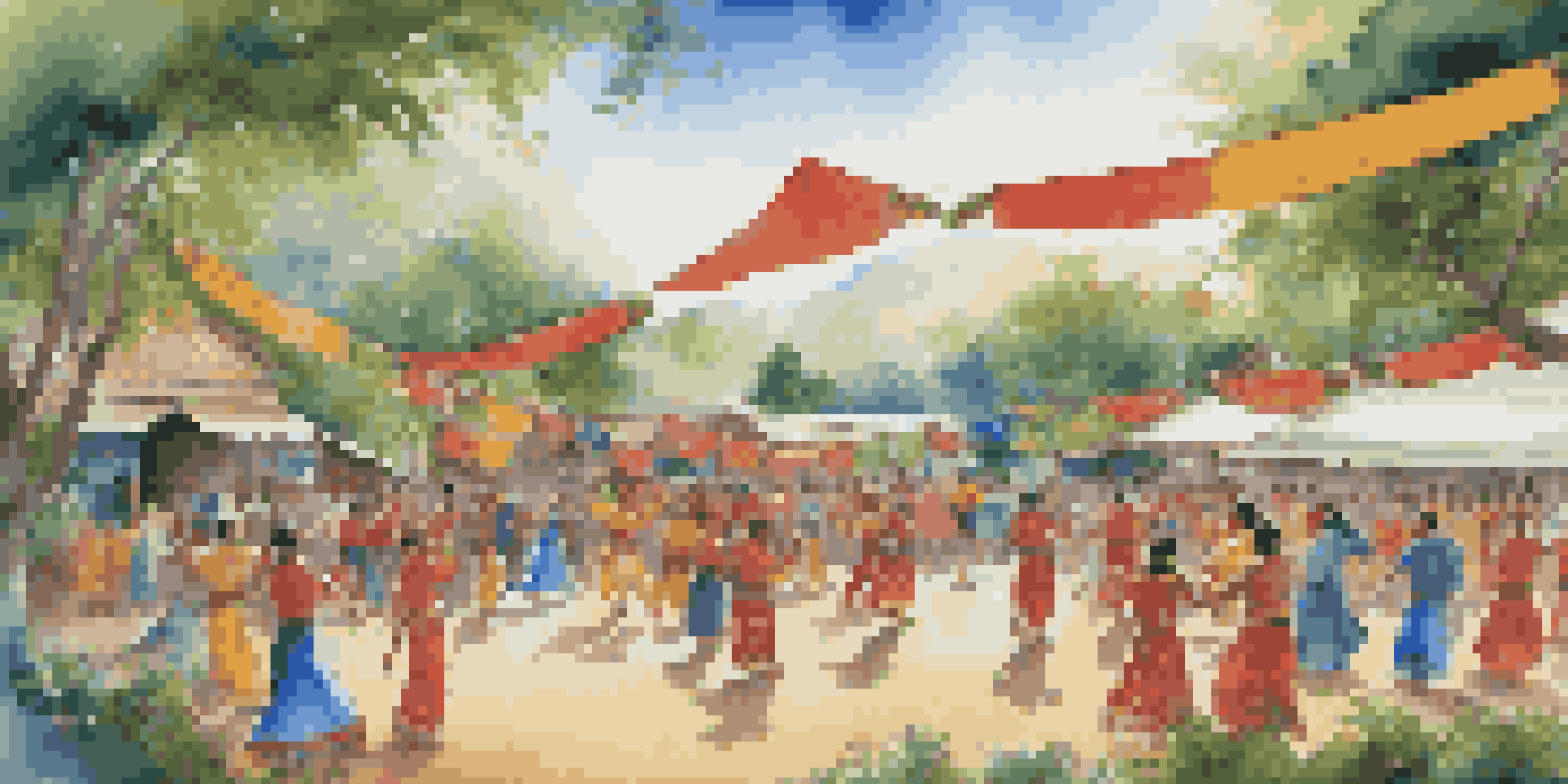 A lively cultural exchange event with diverse people dancing and celebrating in traditional attire among colorful decorations and greenery.